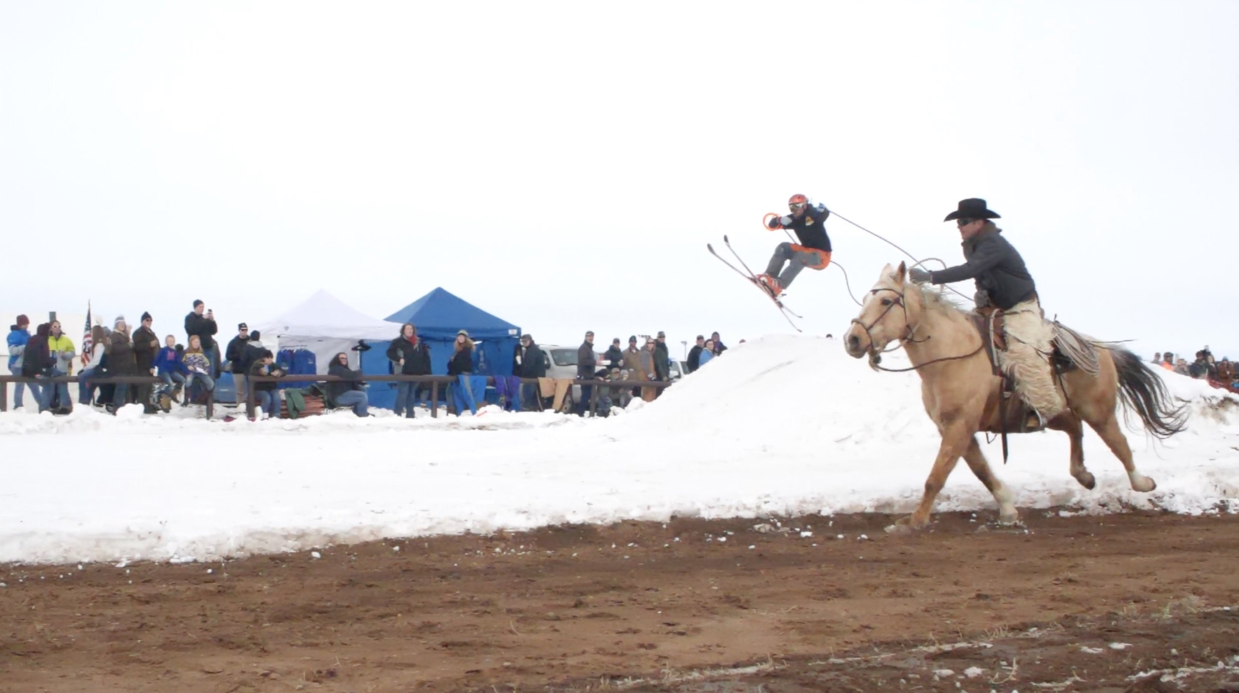 Skijoring event with skier being pulled by a horse, spectators in the background.