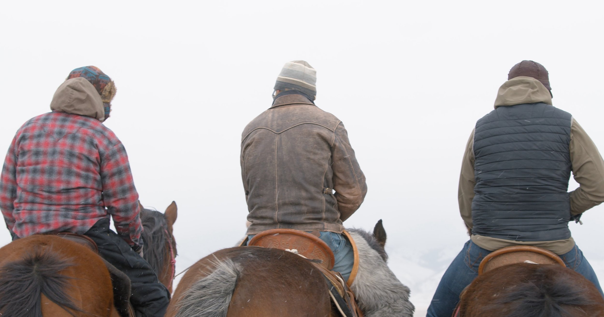 Three people riding horses in winter clothing, viewed from behind.