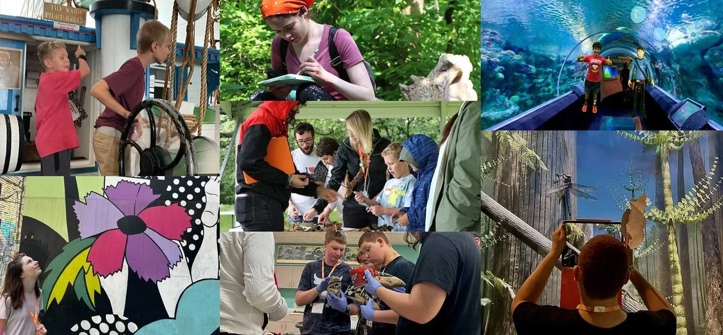 Collage of IOB@ field workshops featuring students exploring museums, nature, aquariums, and hands-on creative experiences across Milwaukee.