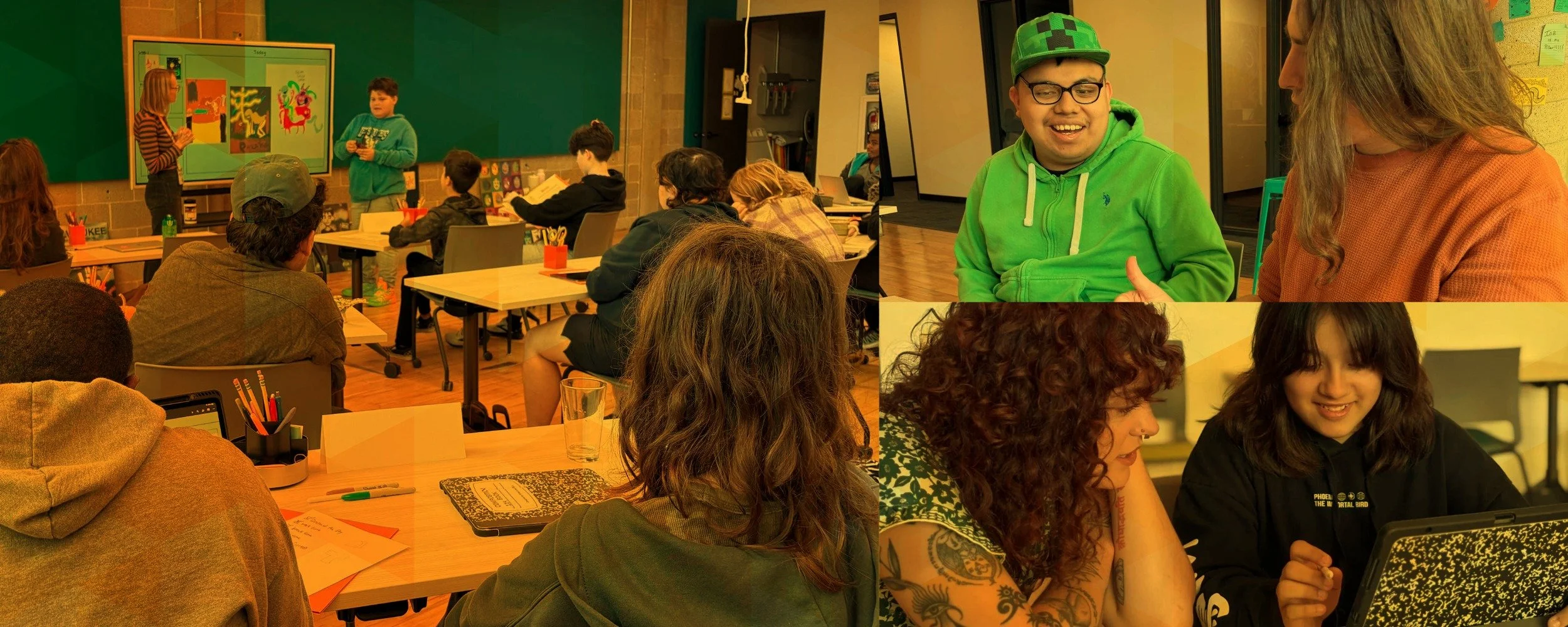 Collage of students and mentors at Islands of Brilliance collaborating in creative technology classes, sharing ideas, using tablets, and celebrating joyful learning moments together.