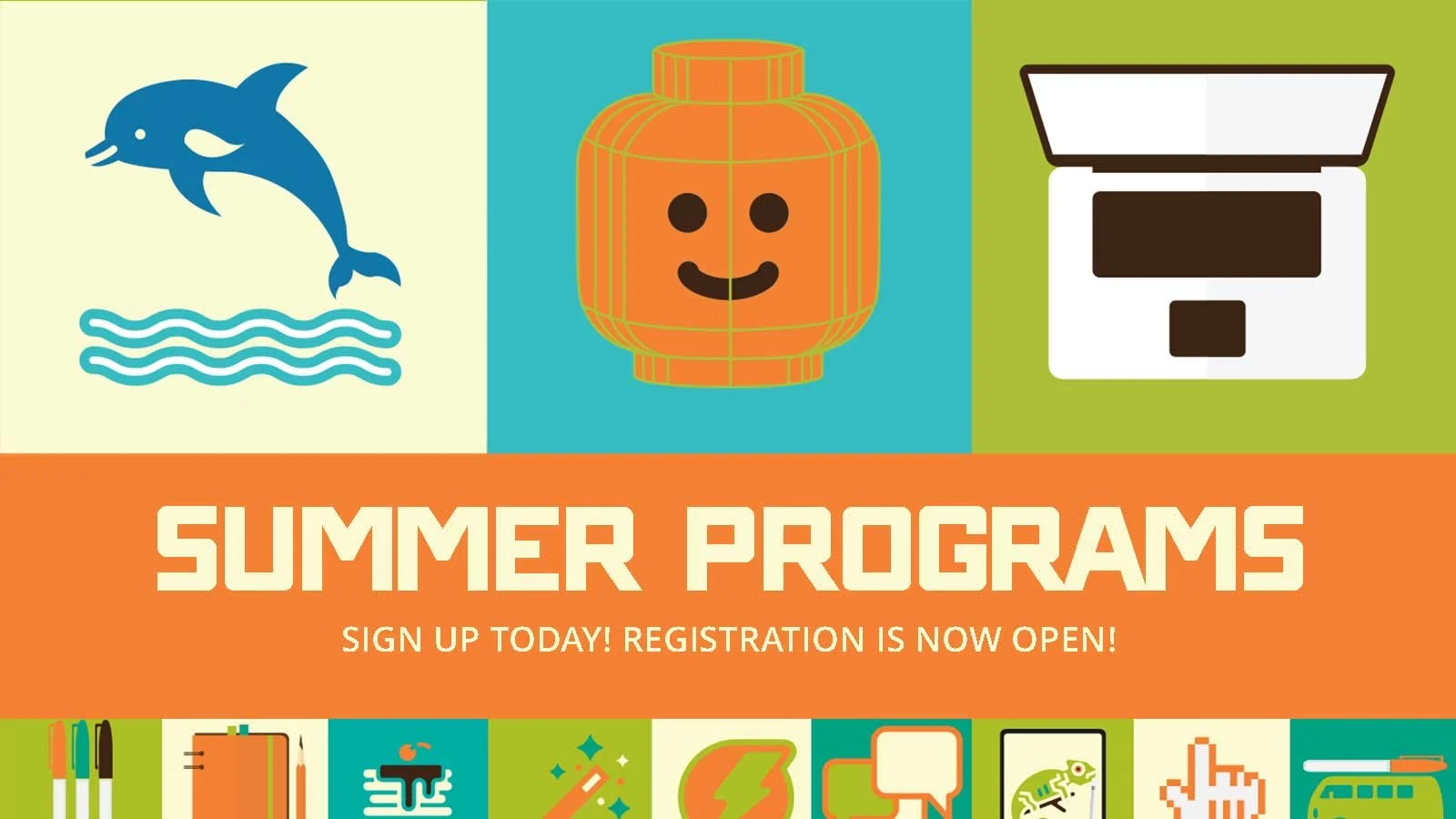 Banner for IOB Winter Programs featuring playful icons including a snowman, a LEGO-style head, and a laptop, with text announcing that registration is now open.