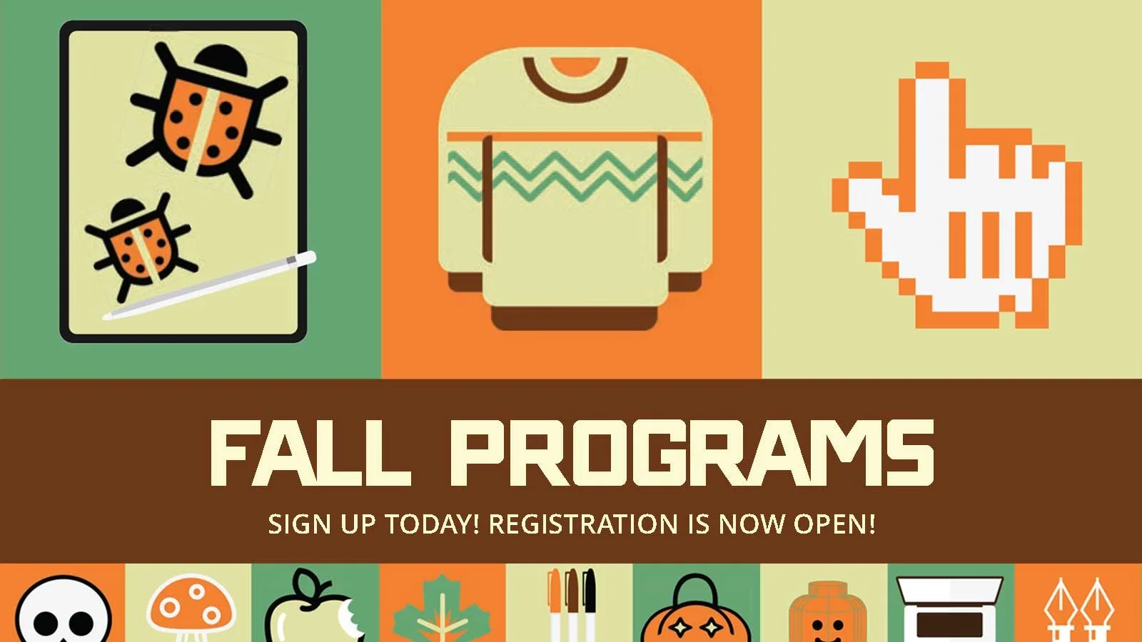 Banner for IOB Winter Programs featuring playful icons including a snowman, a LEGO-style head, and a laptop, with text announcing that registration is now open.