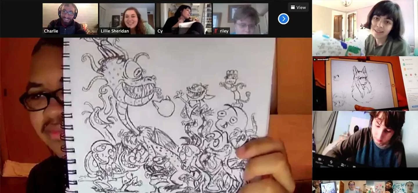 Students participate in an online Doodle Lounge session over Zoom, sharing sketches and creative drawings during a virtual art community meetup.