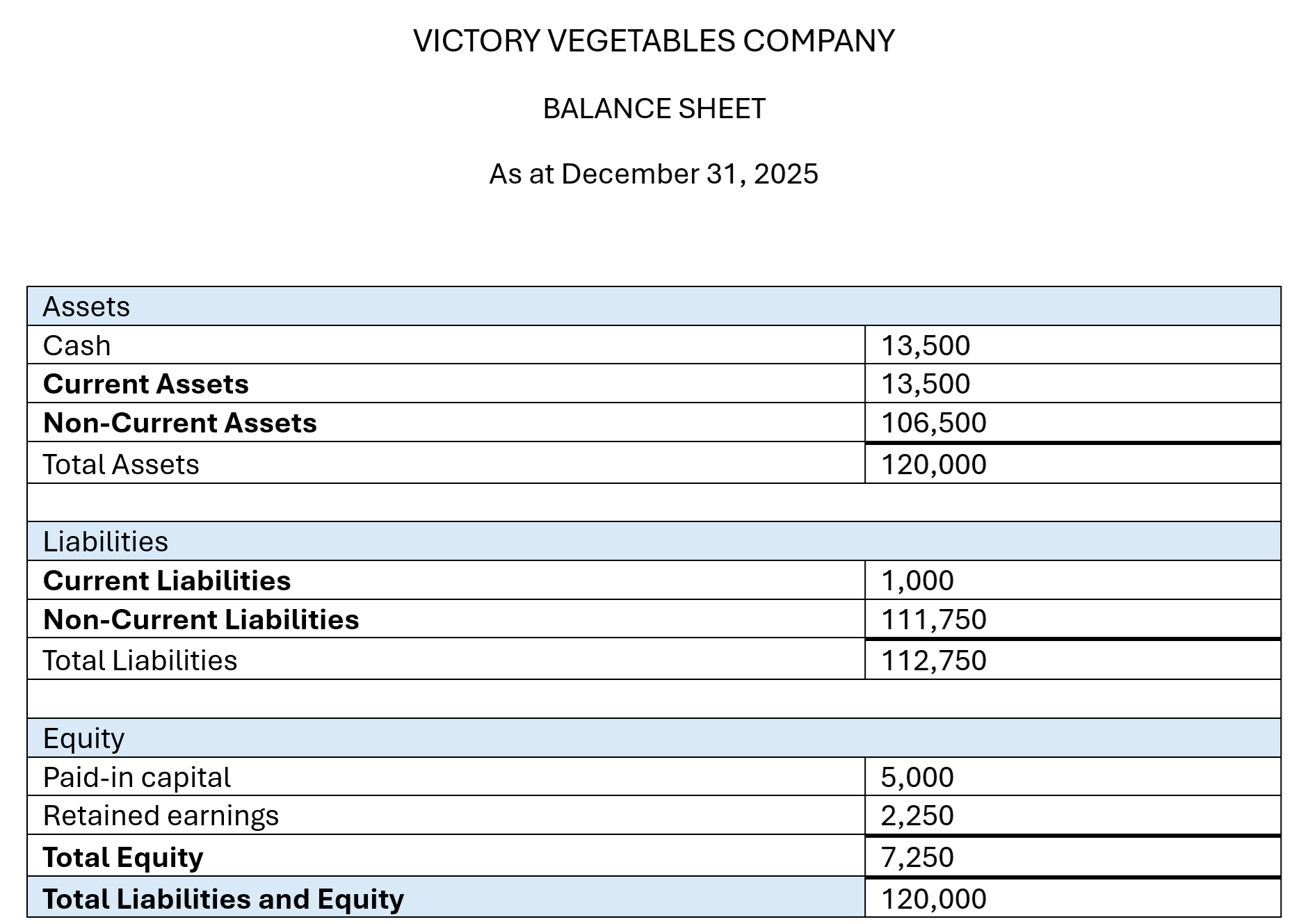 A balance sheet for Victory Vegetables Company as of December 31, 2025, listing assets, liabilities, and equity with respective figures.
