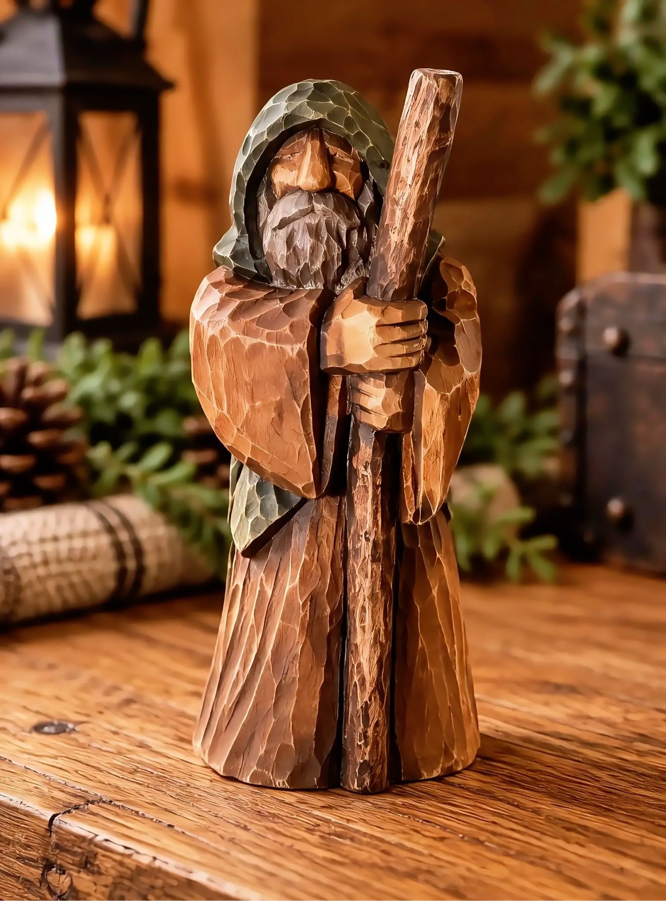 Hooded wanderer wood carving