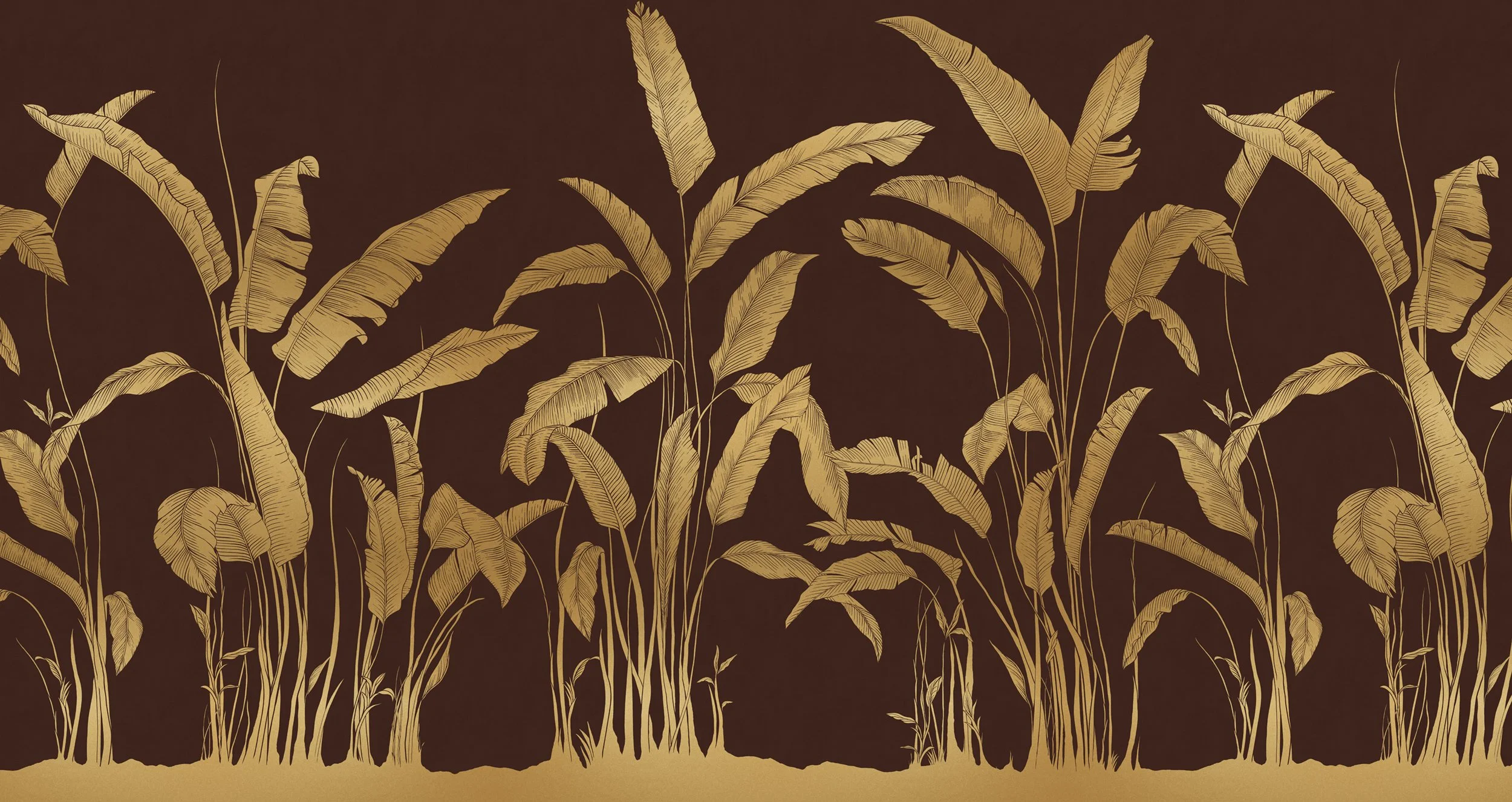 Gilded Silhouette Tobacco wallpaper mural – tropical botanical design in deep brown and gold tones