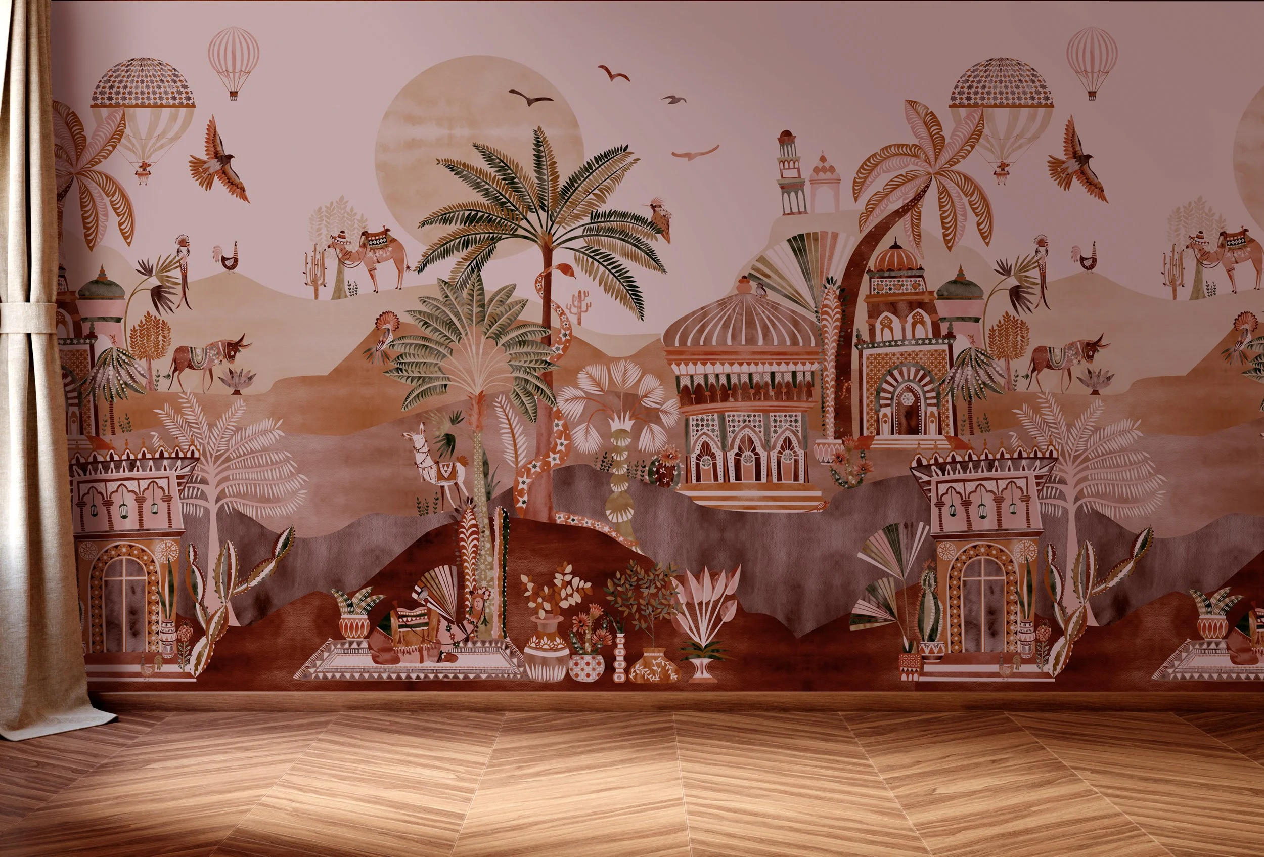 Delight Kingdom Sumac Rose wallpaper mural in a room setting – illustrated landscape design in warm rose tones