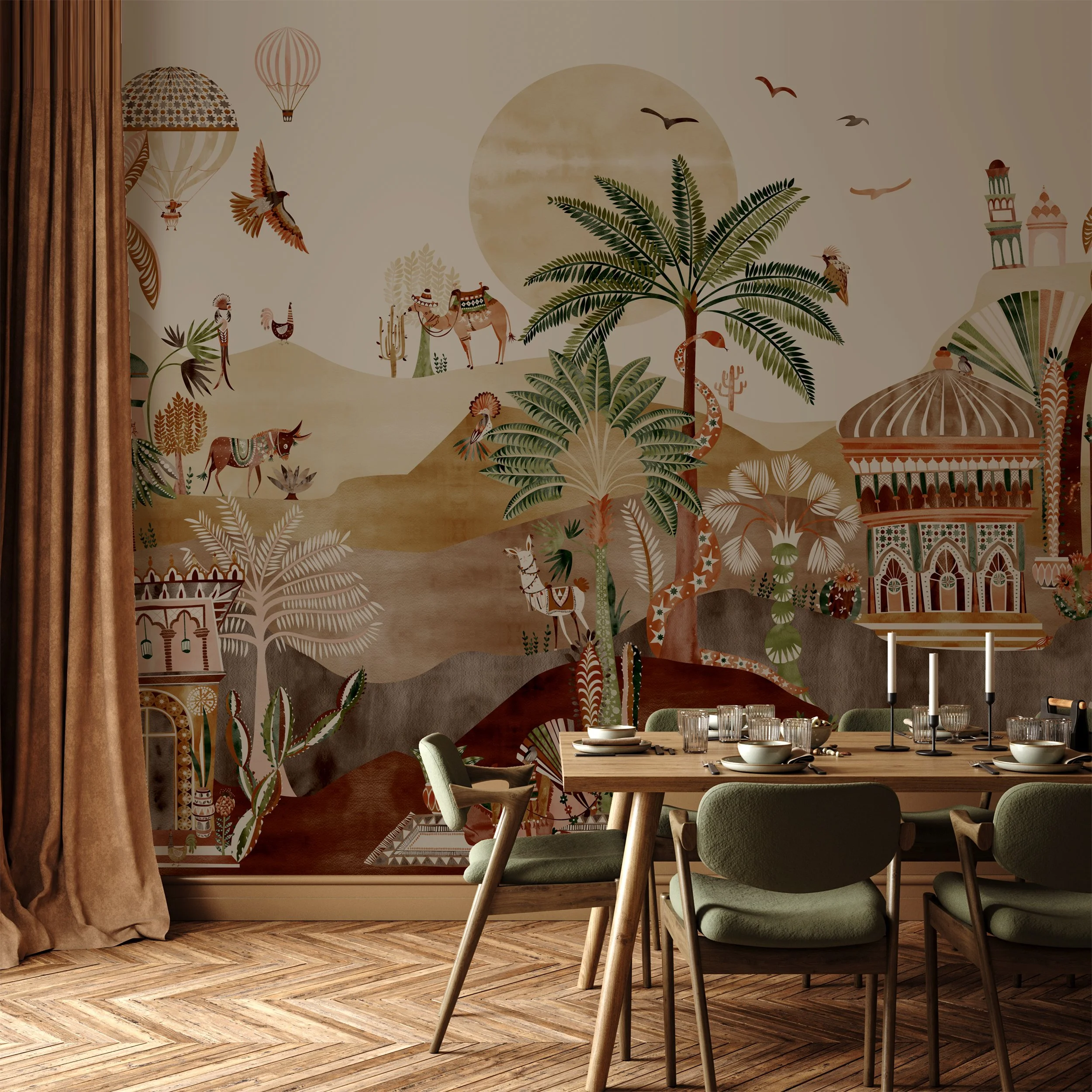 Delight Kingdom Amber Dusk wallpaper mural in a dining area – illustrated landscape design in rich earthy tone