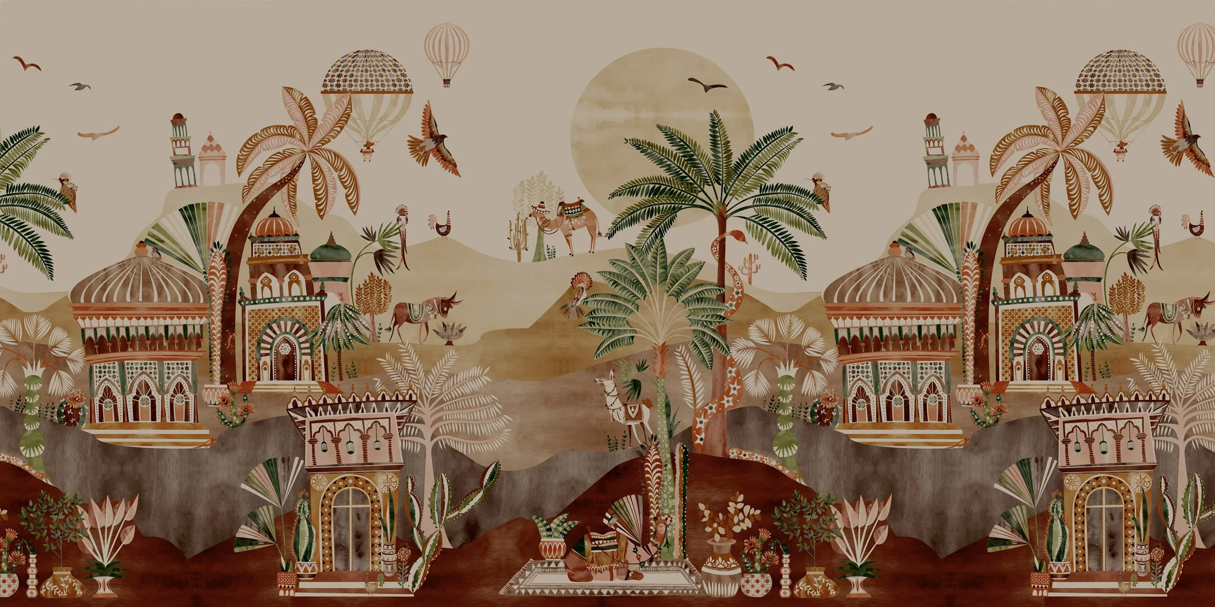 Delight Kingdom Amber Dusk wallpaper mural – illustrated landscape design in warm amber and earthy tones