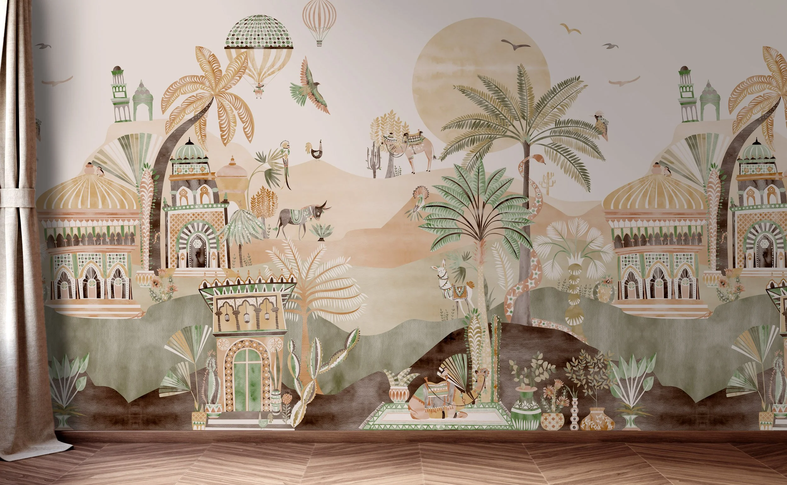 Delight Kingdom Sage Dune wallpaper mural in a room setting – illustrated landscape design in soft green and earthy tones