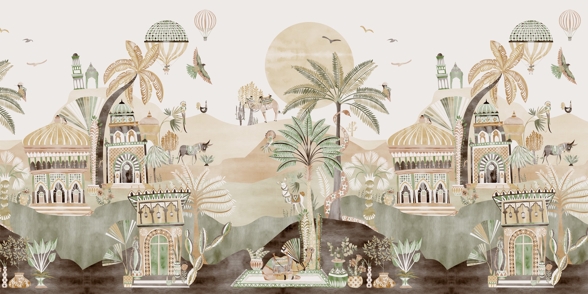 Delight Kingdom Sage Dune wallpaper mural – illustrated landscape design in soft sage and sandy tones