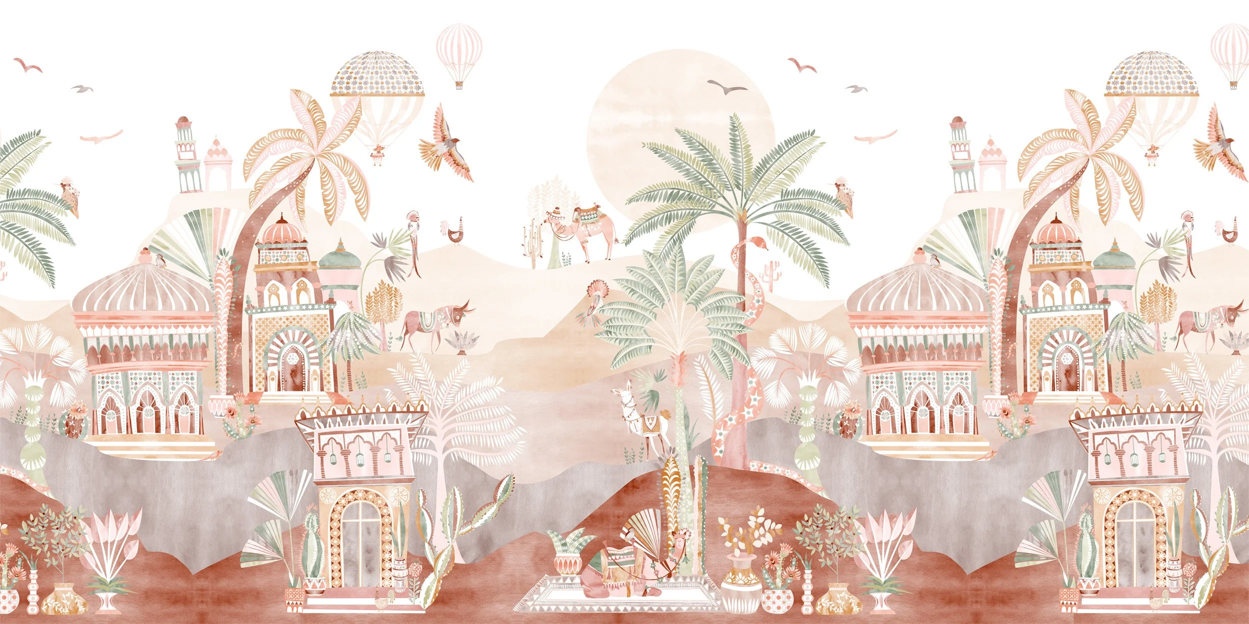 Delight Kingdom Blushed Terracotta wallpaper mural – illustrated landscape design in soft blush and terracotta tones