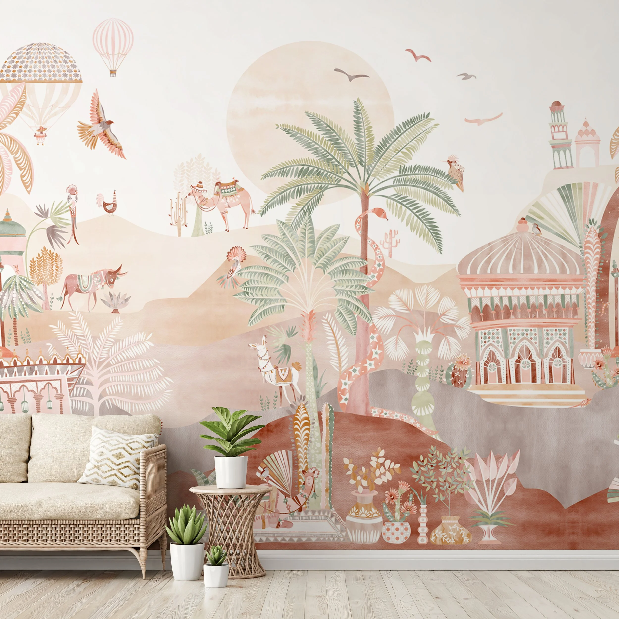 Delight Kingdom Blushed Terracotta wallpaper mural in a living room – illustrated landscape design in soft earthy tones