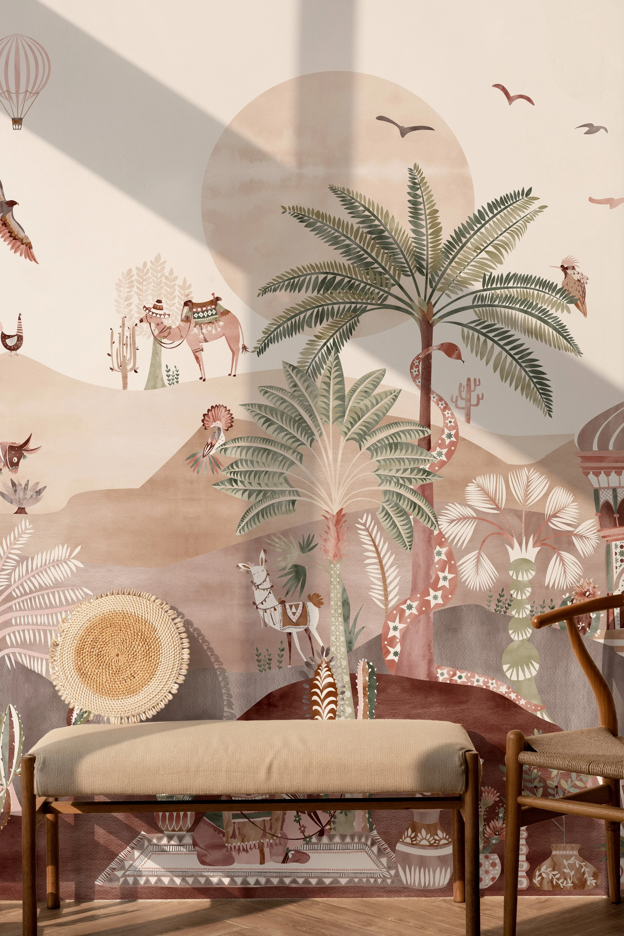 Delight Kingdom Terracotta Mirage wallpaper mural in a room setting – illustrated landscape design in earthy desert tones