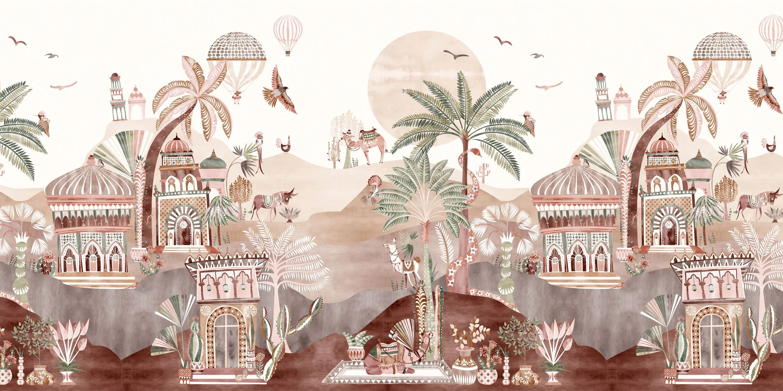 Delight Kingdom Terracotta Mirage wallpaper mural – illustrated landscape design in terracotta and soft desert tones