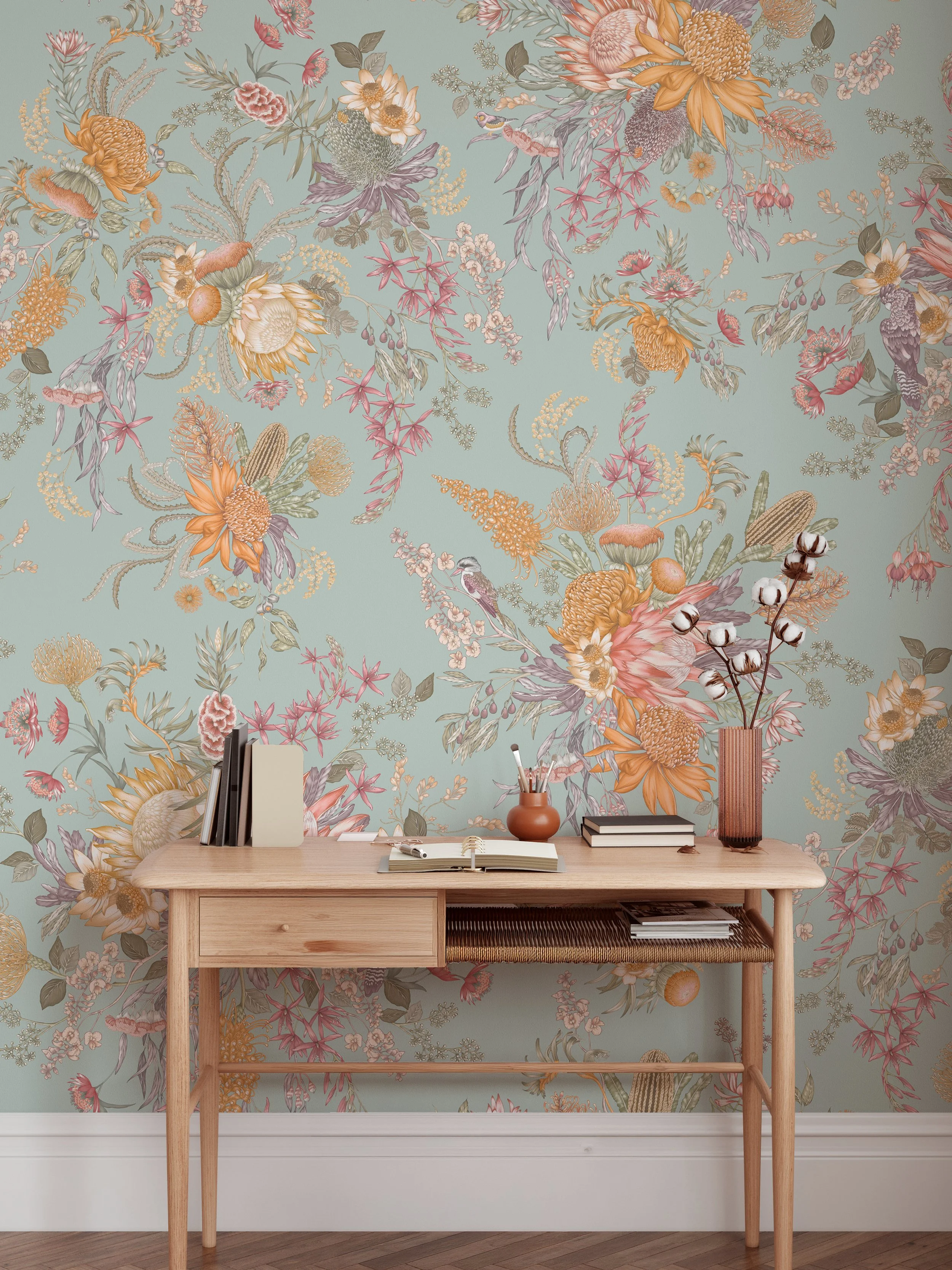 Australian Bloom Antique Teal wallpaper mural in a styled interior – floral design in soft teal and botanical tones