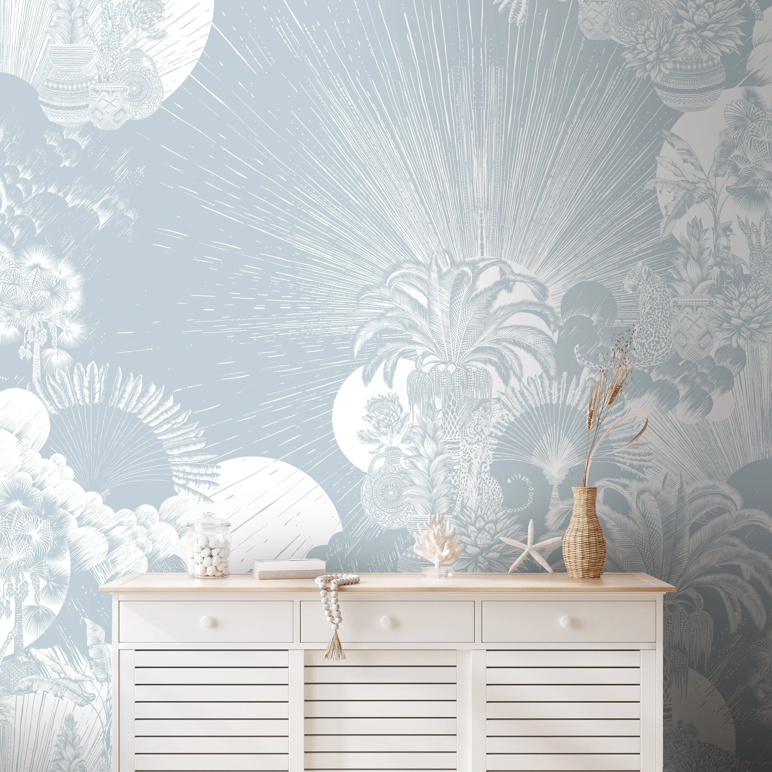 Sunray Splendour Cool Blue wallpaper mural in a styled interior – ornate botanical design in cool blue tones