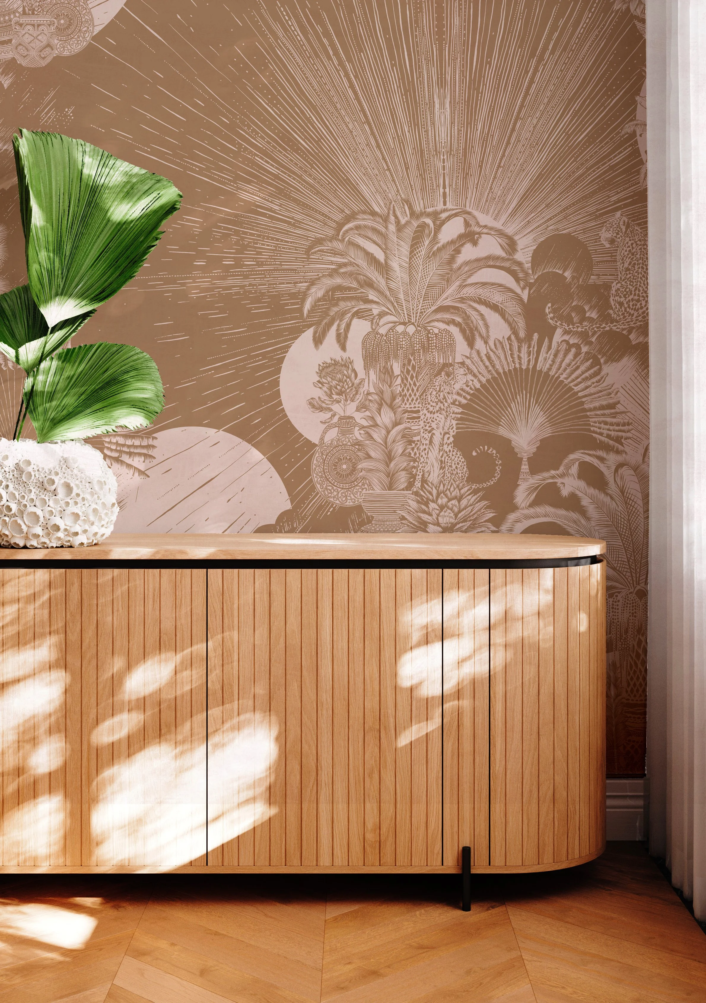 Sunray Splendour Golden Clay-blush wallpaper mural in a styled interior – ornate botanical design in warm clay tones