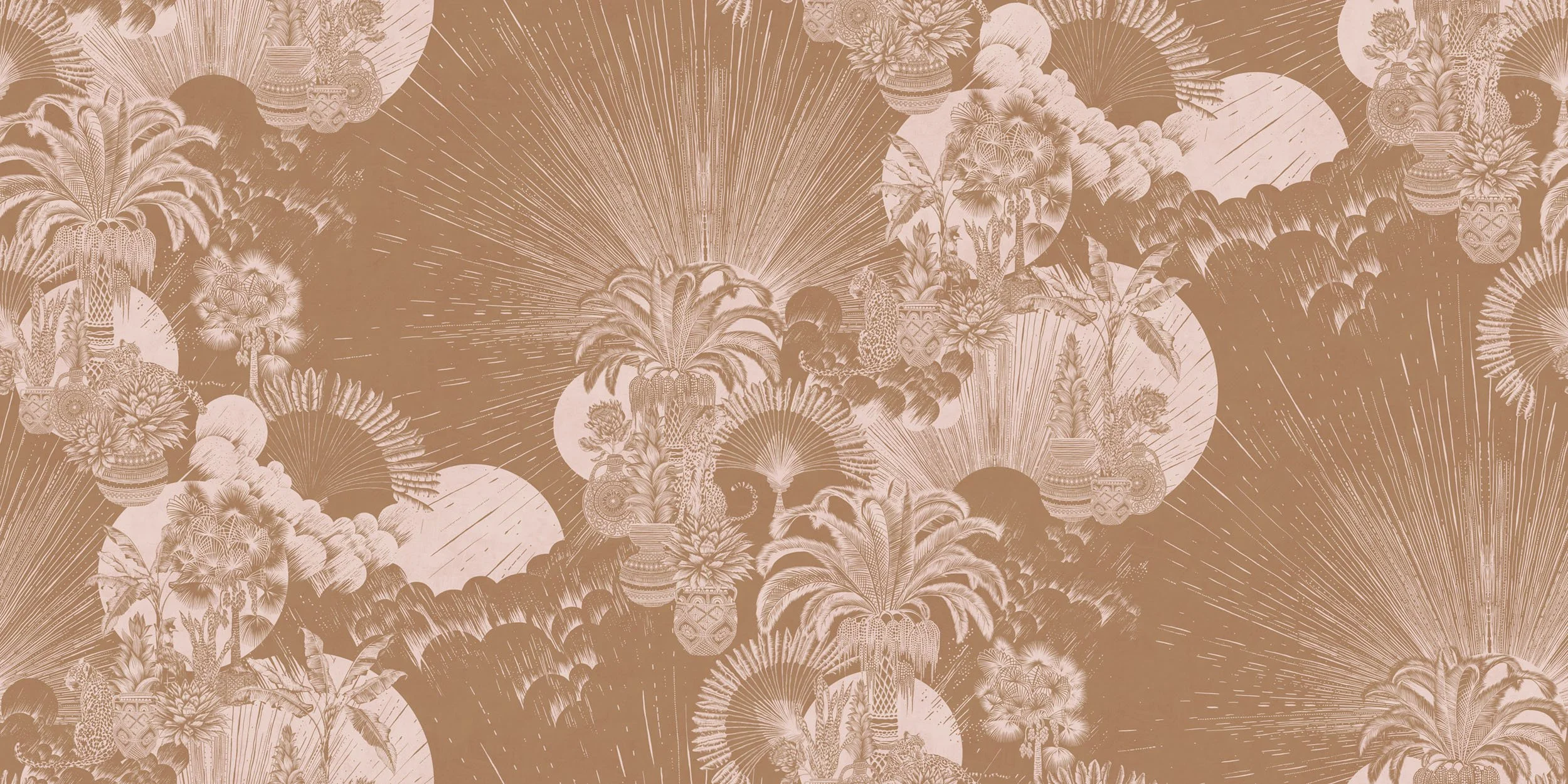 Sunray Splendour Golden Clay-blush wallpaper mural – ornate botanical and sunburst design in warm clay and blush tones