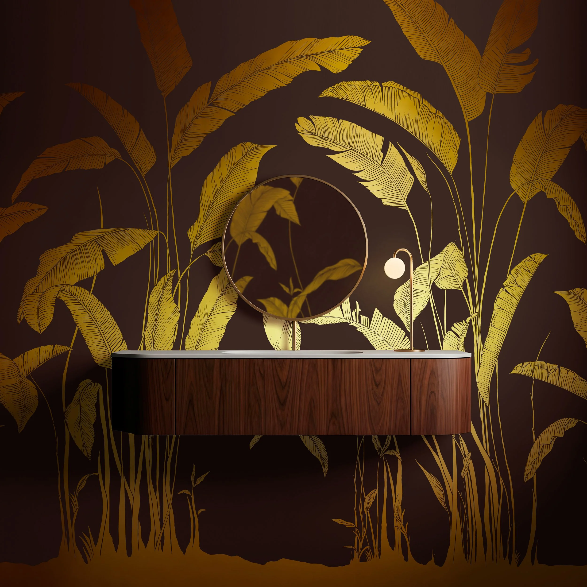 Gilded Silhouette Tobacco wallpaper mural in a styled interior powder room – tropical design in rich brown and metallic gold tones