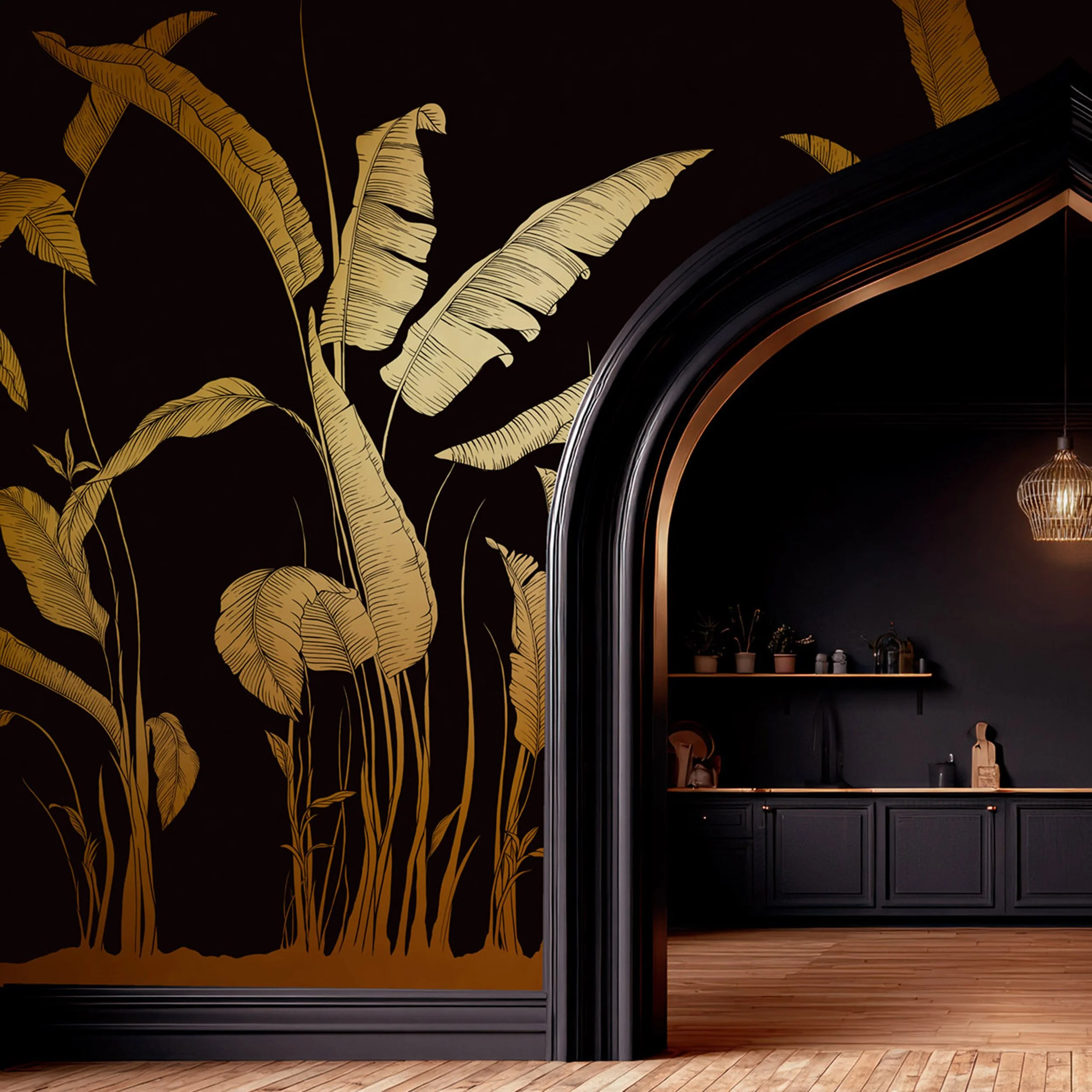 Gilded Silhouette Smoked Noir gold tropical wallpaper mural with metallic palm design in a dark interior setting