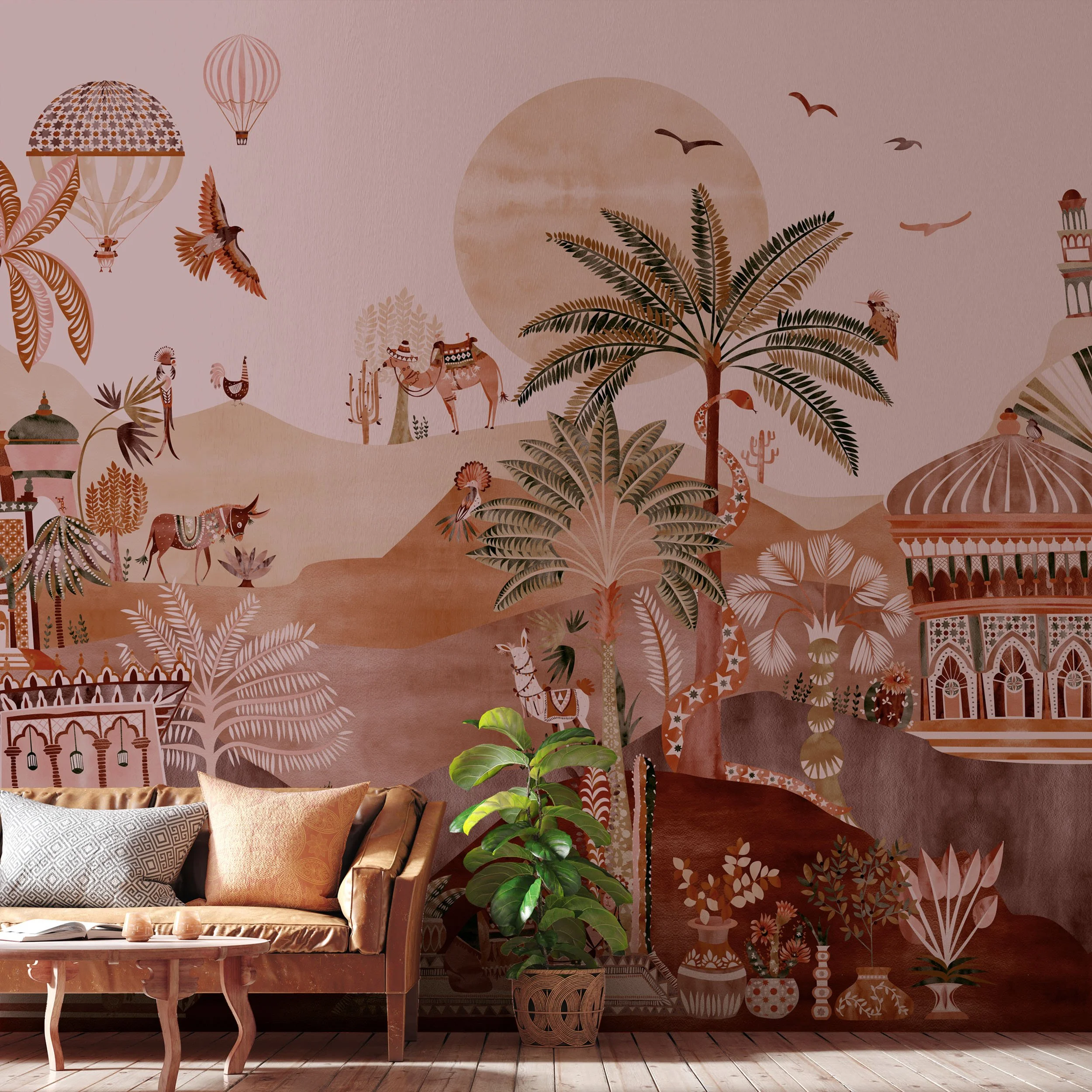 Delight Kingdom Sumac Rose wallpaper mural with desert landscape, palm trees and ornate architecture in a warm blush interior setting