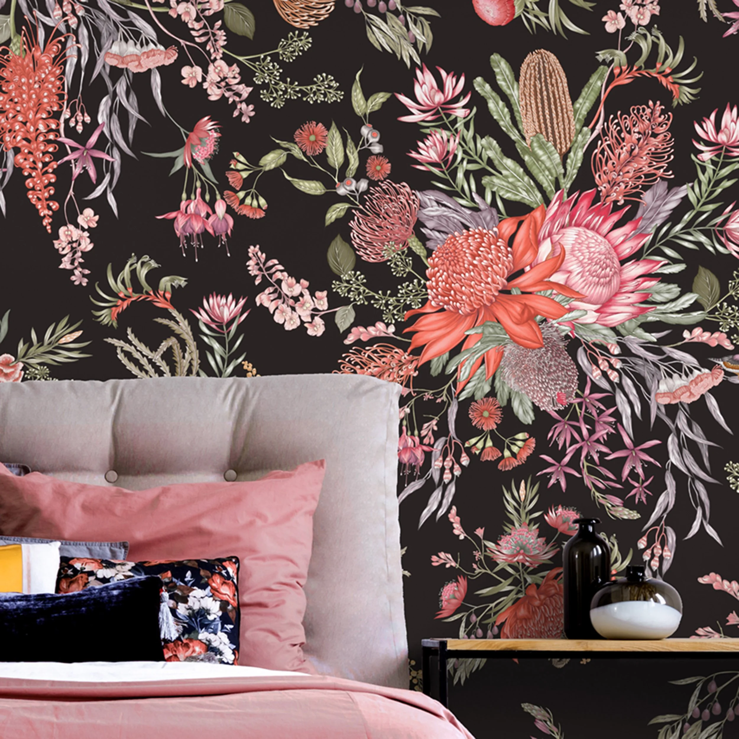 Australian Bloom Charcoal floral wallpaper mural with native Australian flowers in a dark botanical bedroom setting