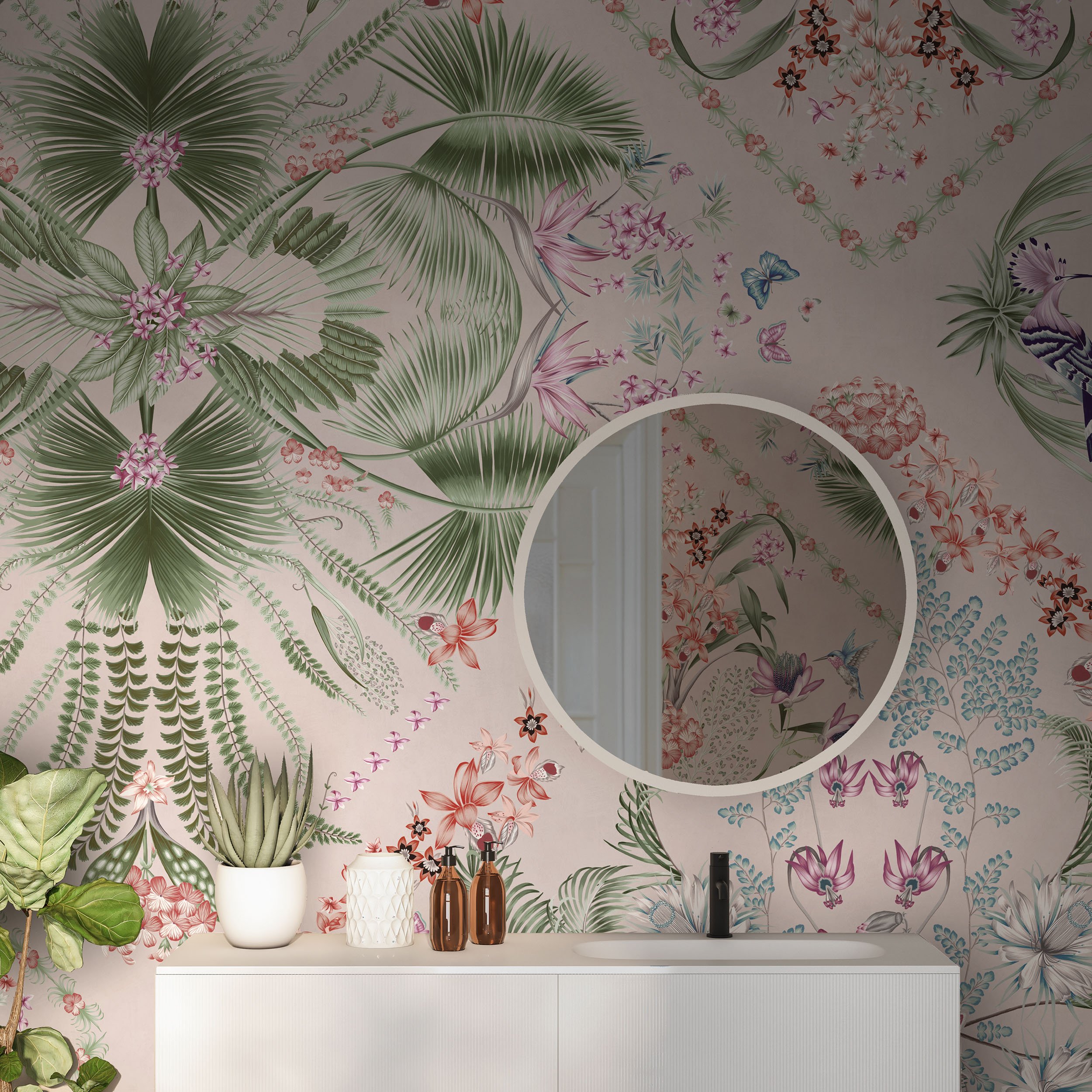 Paradise Grande Botanical Clay luxury wallpaper mural in an elegant bathroom with botanical feature wall.