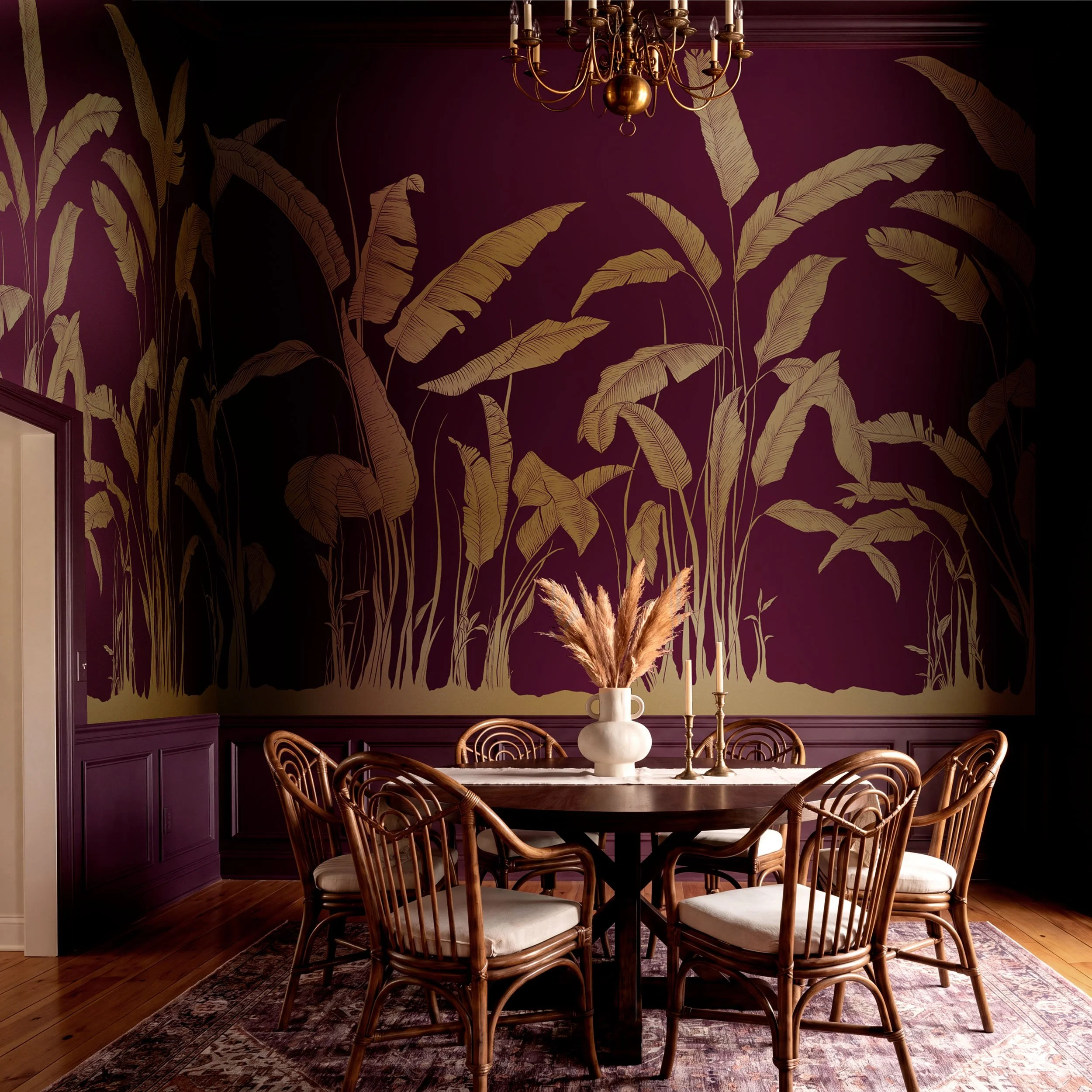 opical palms in a dramatic plum interior.