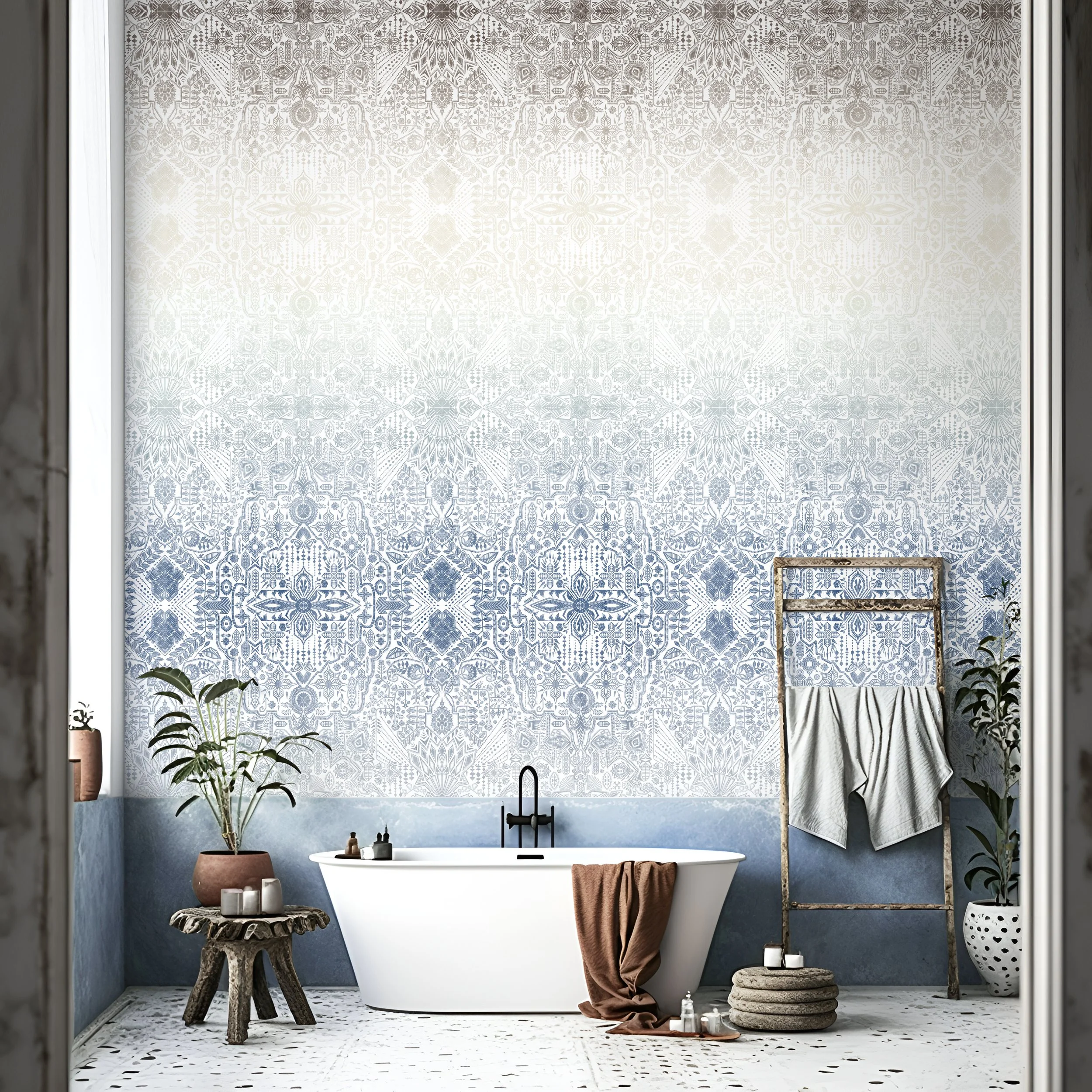 Blue aztec-inspired wallpaper mural with geometric pattern in a bathroom interior.
