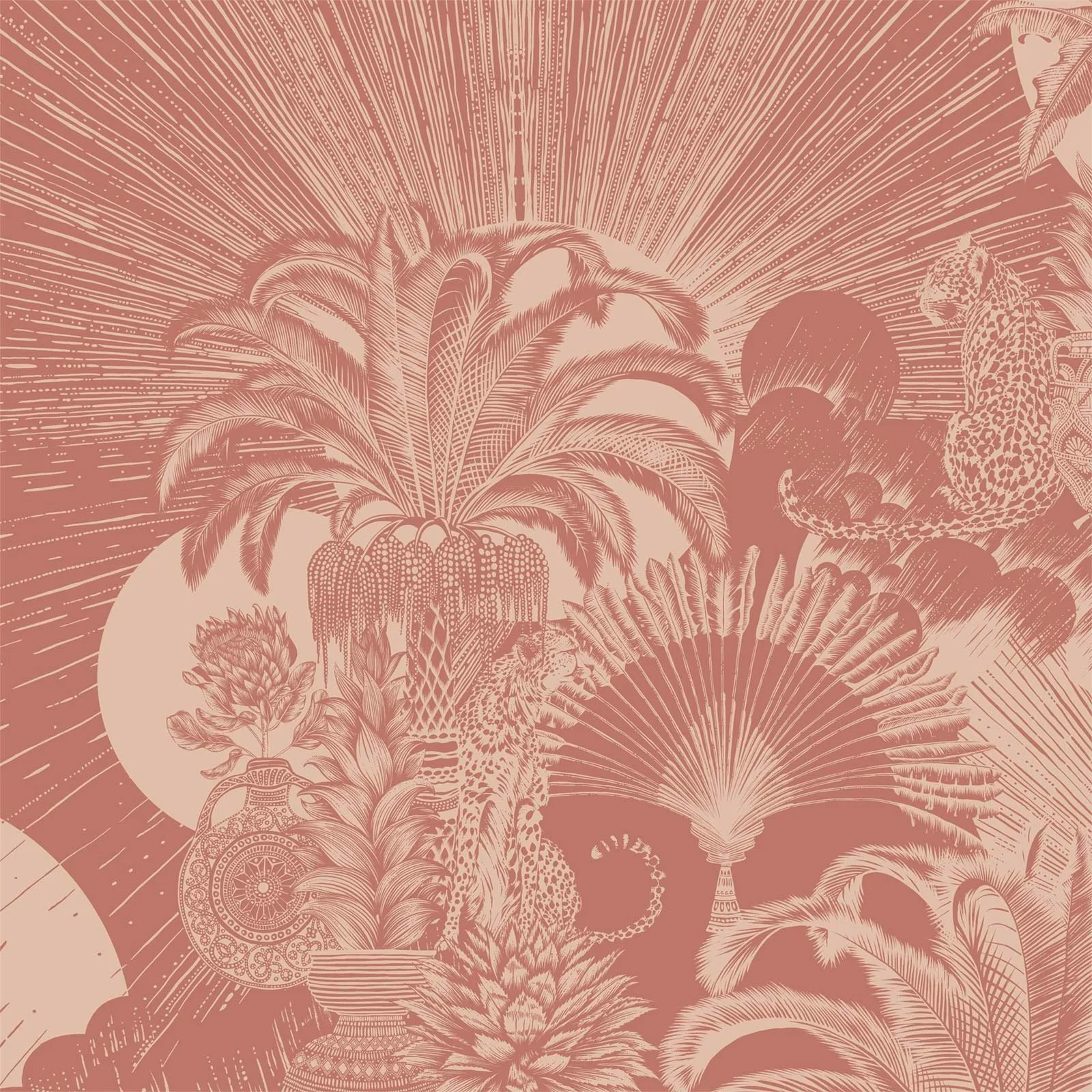 Illustrated sunburst wallpaper mural with palms, foliage and decorative motifs in warm terracotta tones.