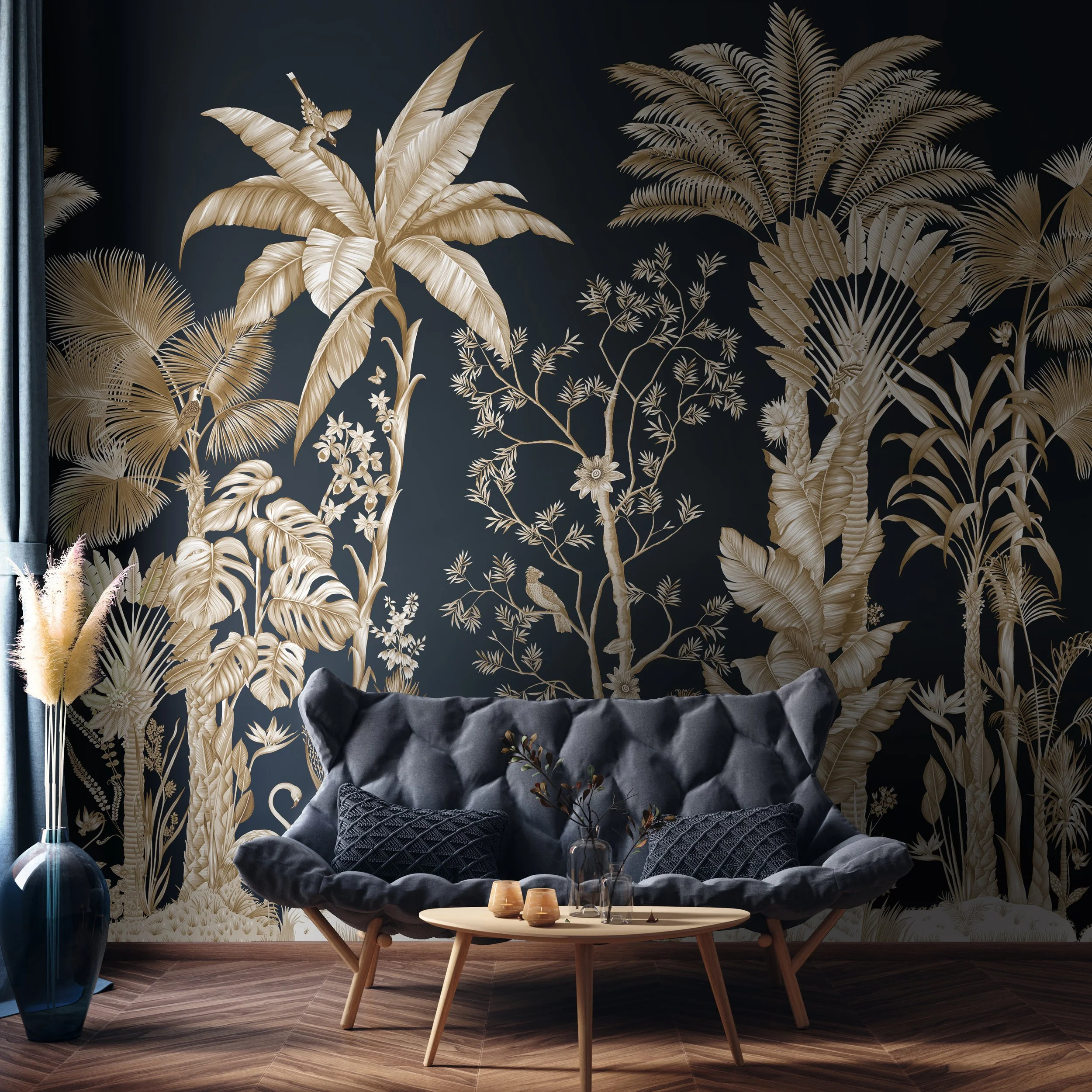 Hand-painted black and gold botanical wallpaper mural with palms and foliage in a styled living room.
