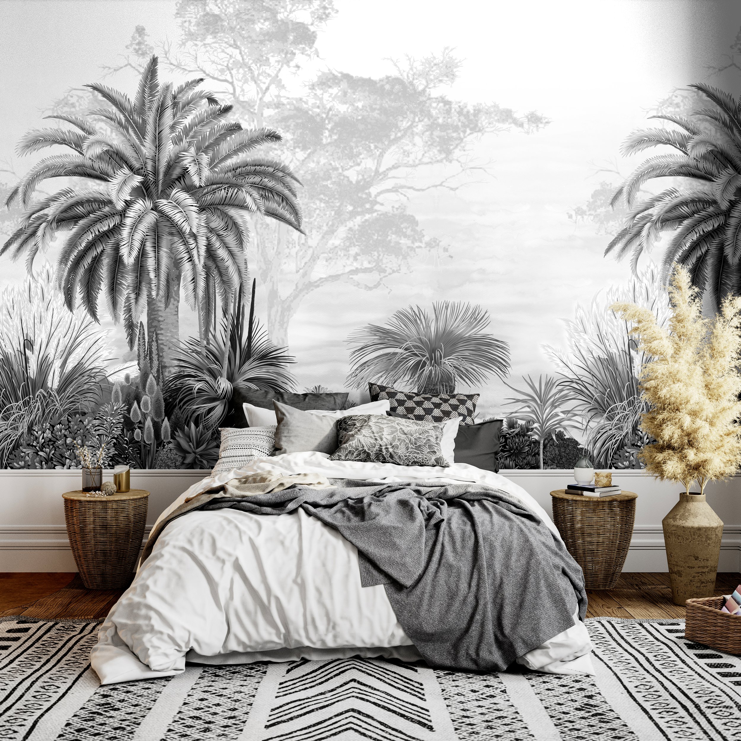 Charcoal and soft neutral botanical wallpaper mural with palms in a bedroom interior.