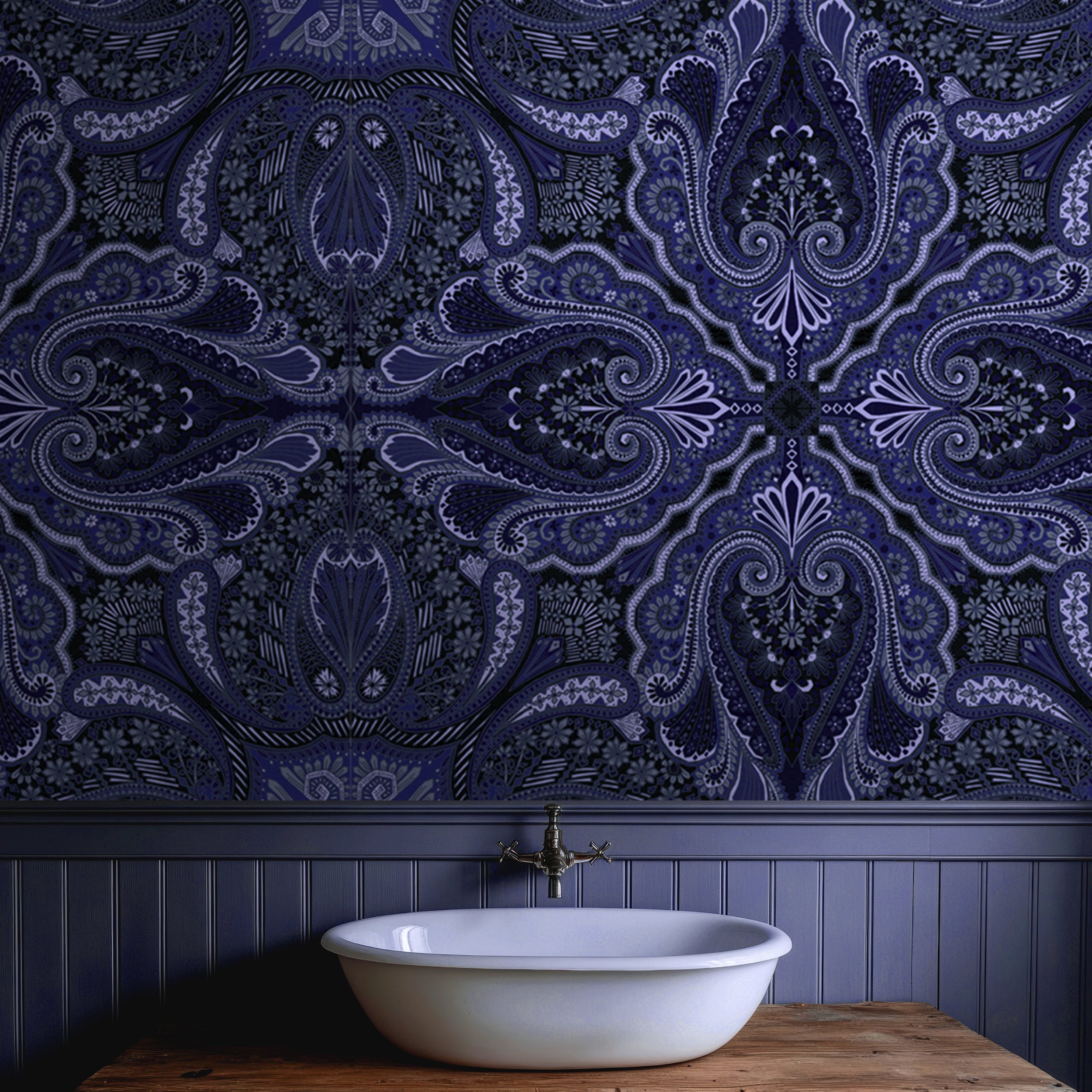Indigo paisley wallpaper mural with ornate pattern in a bathroom interior.