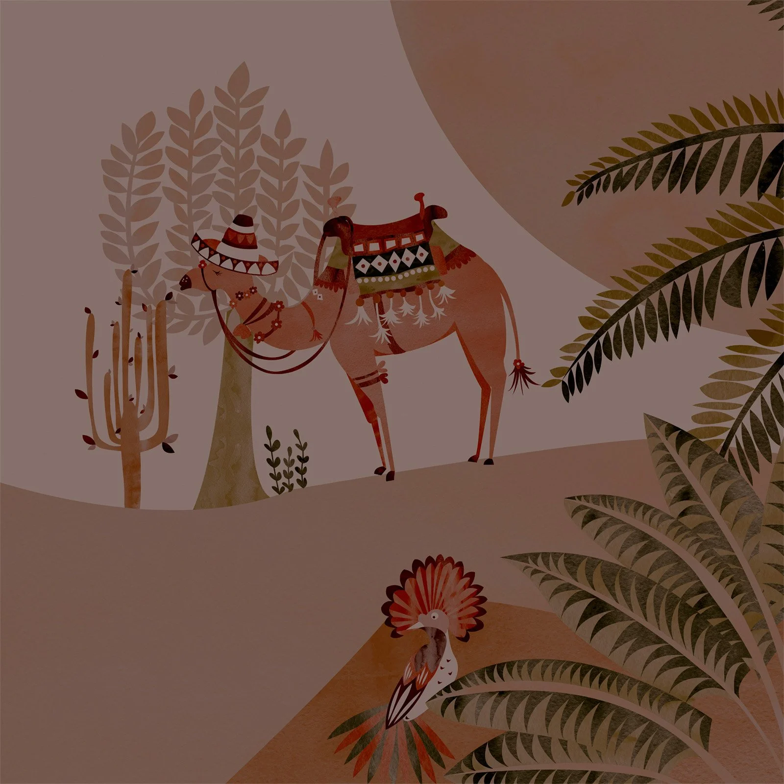 Illustrated desert wallpaper mural with camels, palms and birds in warm amber and clay tones.