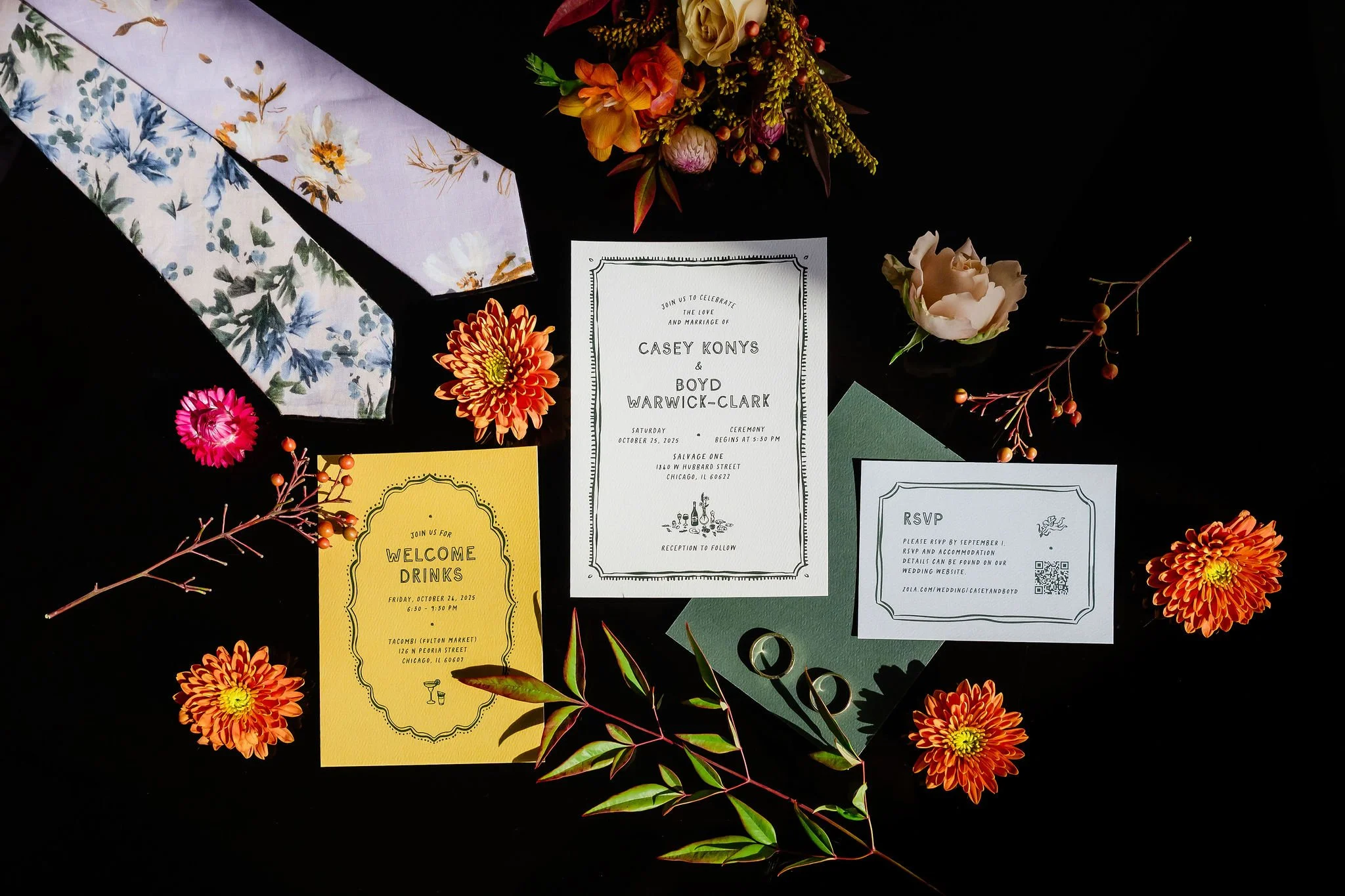colorful, fun invitation flatlay with rings and ties