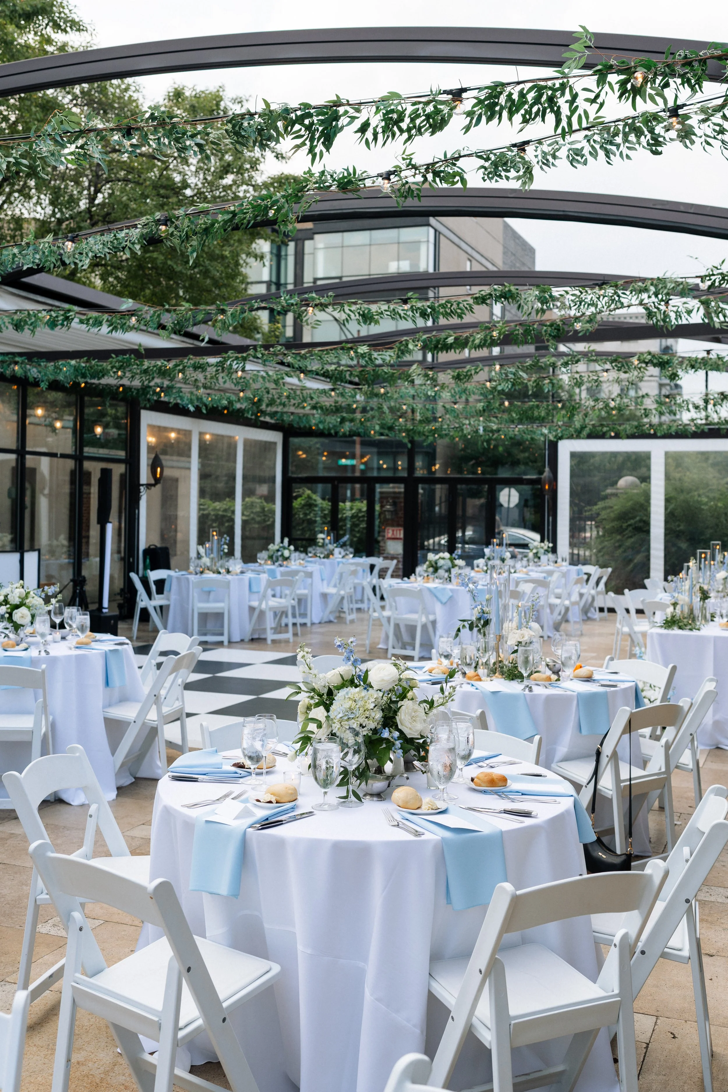 classic modern tablescape with baby blue accents