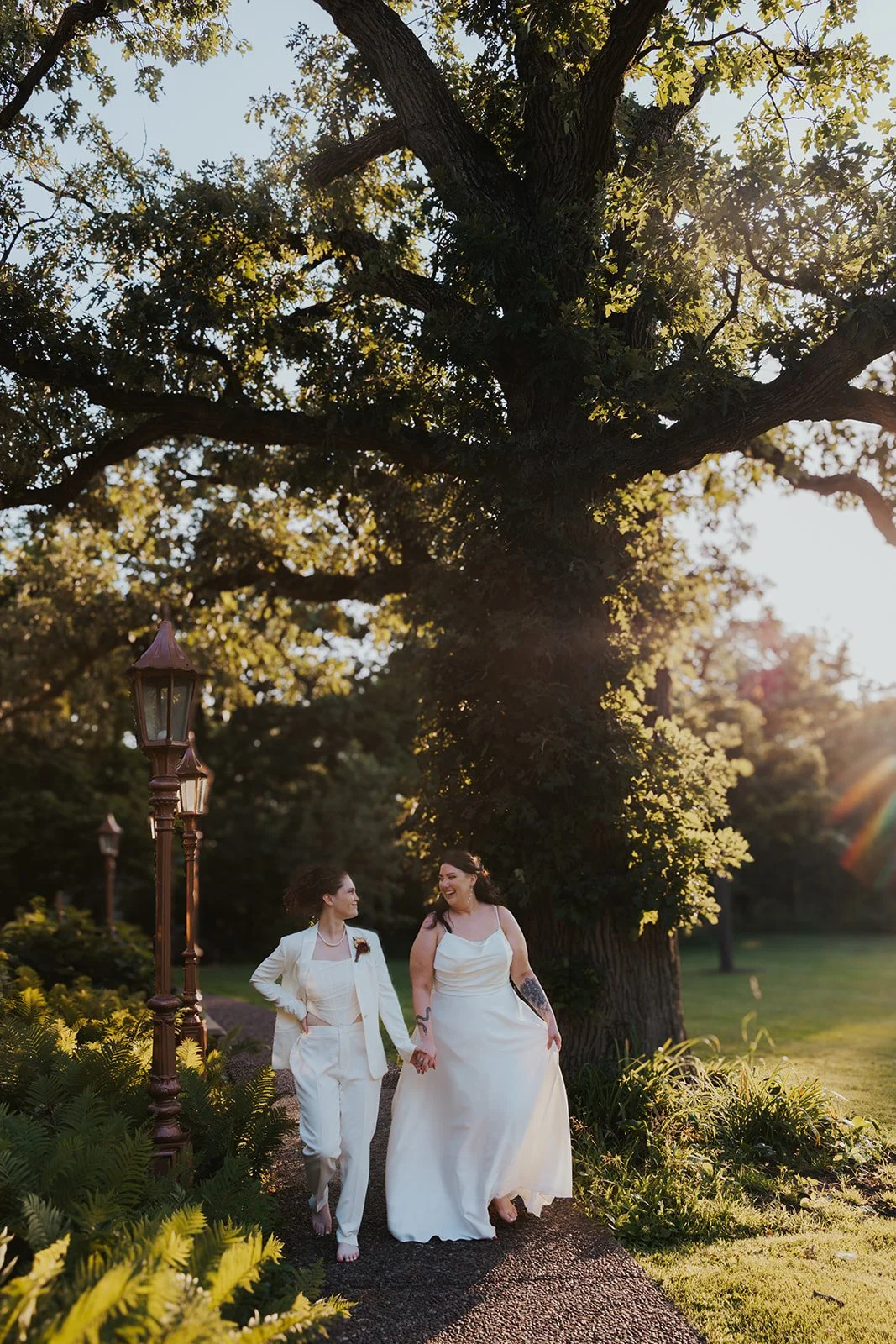 Two brides holding hands while walking on paved sidewalk near large oak tree during sunset