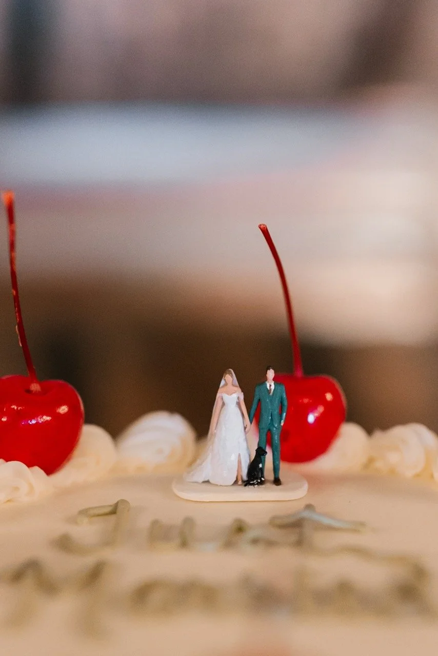 Tiny cake topper of couple in wedding outfits with dog for wedding reception