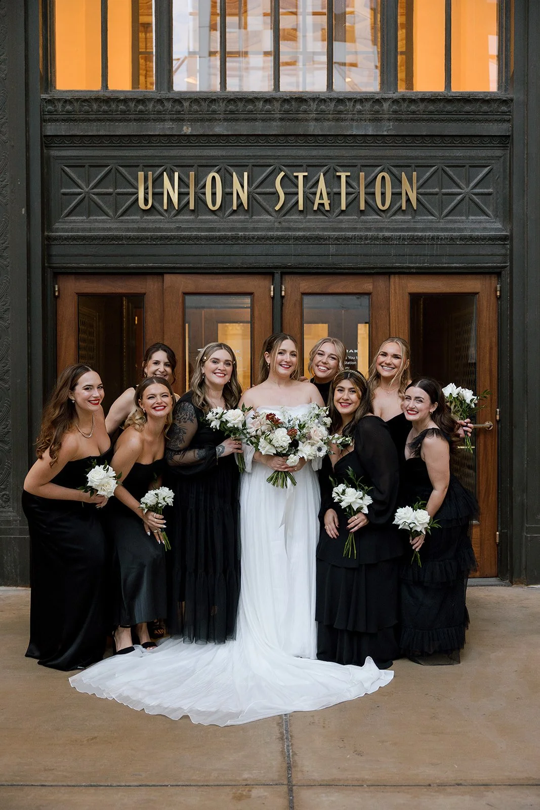 Bride with bridesmaids at Union Station in Chicago for Wildman BT wedding