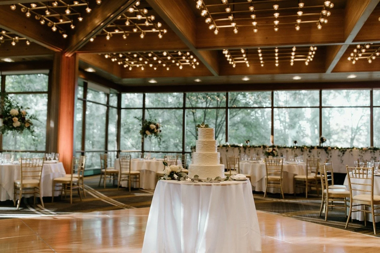 wedding reception in Grand Oaks Pavilion at Hyatt Lodge with cake on dance floor