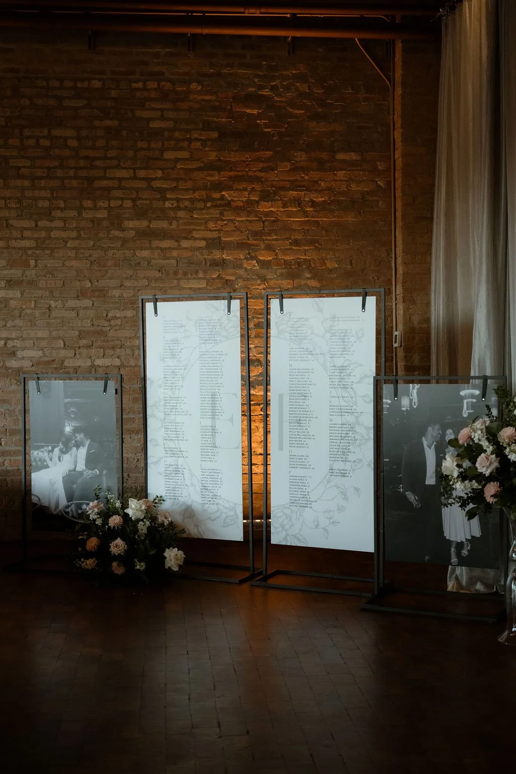 4 panel seating chart with engagement photos and flowers