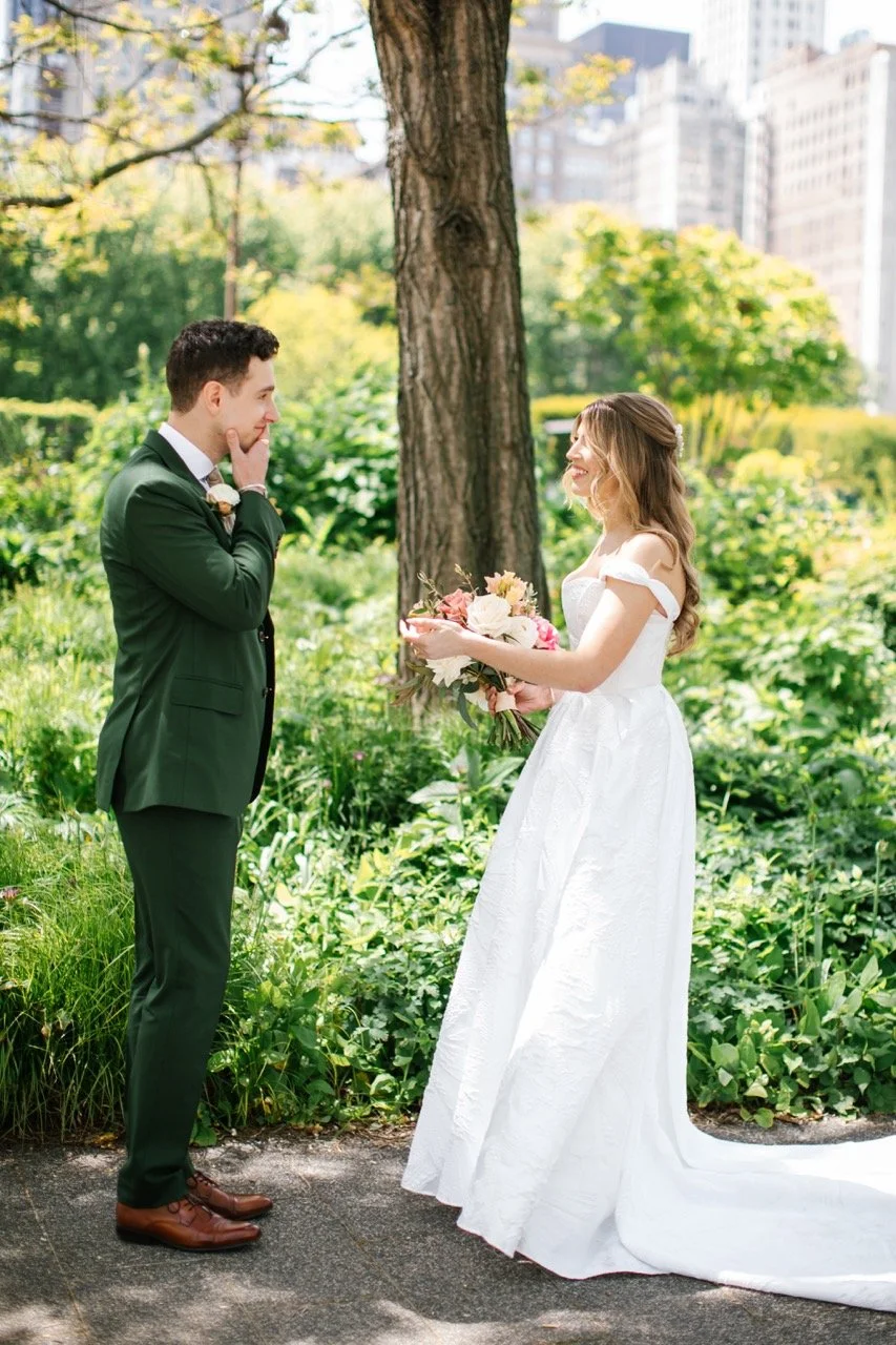 Groom tearing up seeing bride at first look for wedding at Goose Island Barrel House