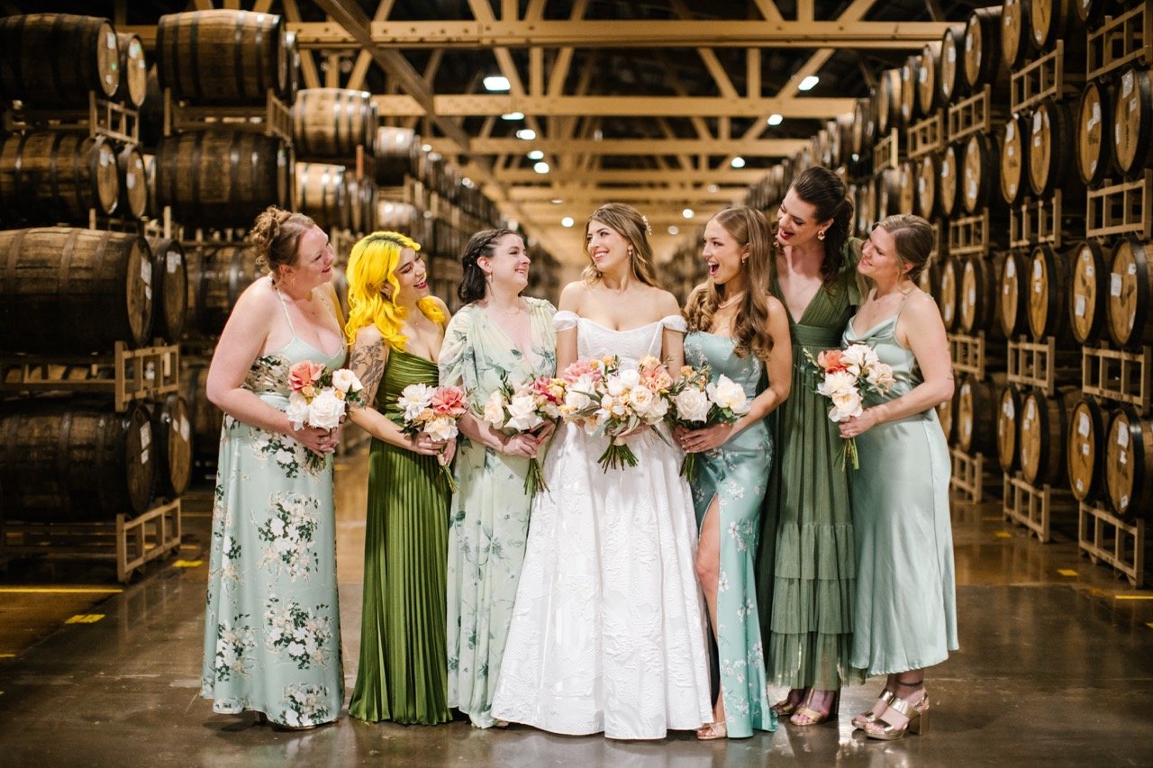Bride with her wedding party in Barrel area of Goose Island Barrel House in Chicago