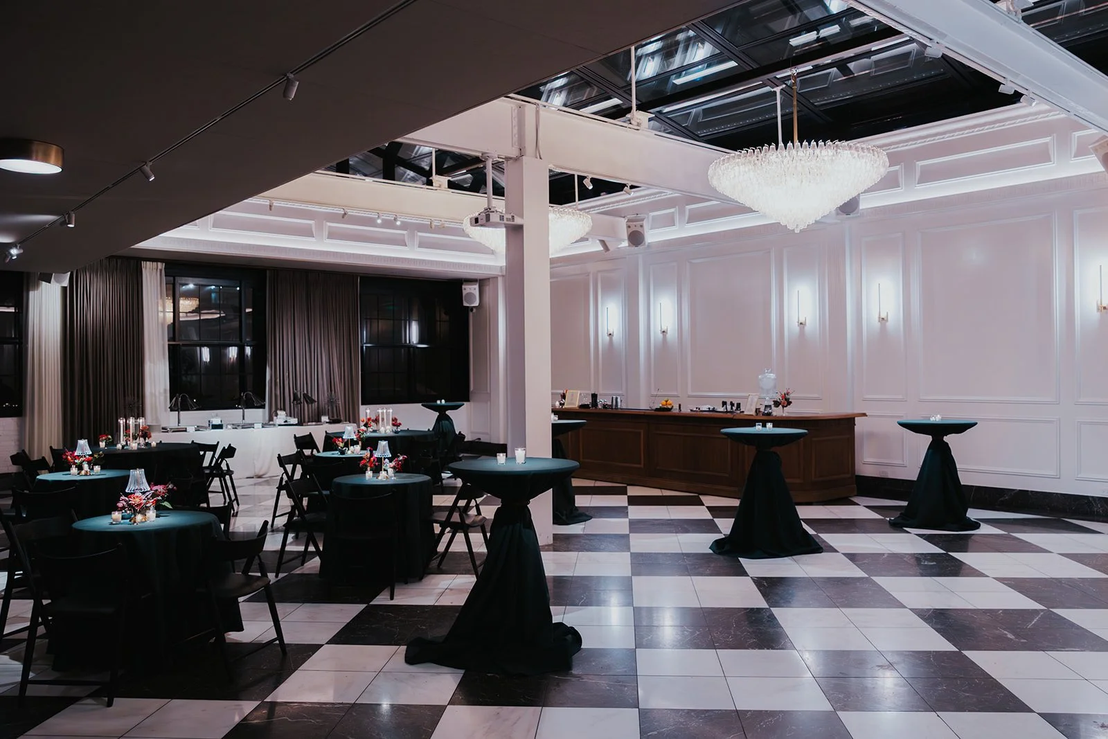 Cocktail style reception at Salon 61 Events in Chicago dark linens and large dance floor