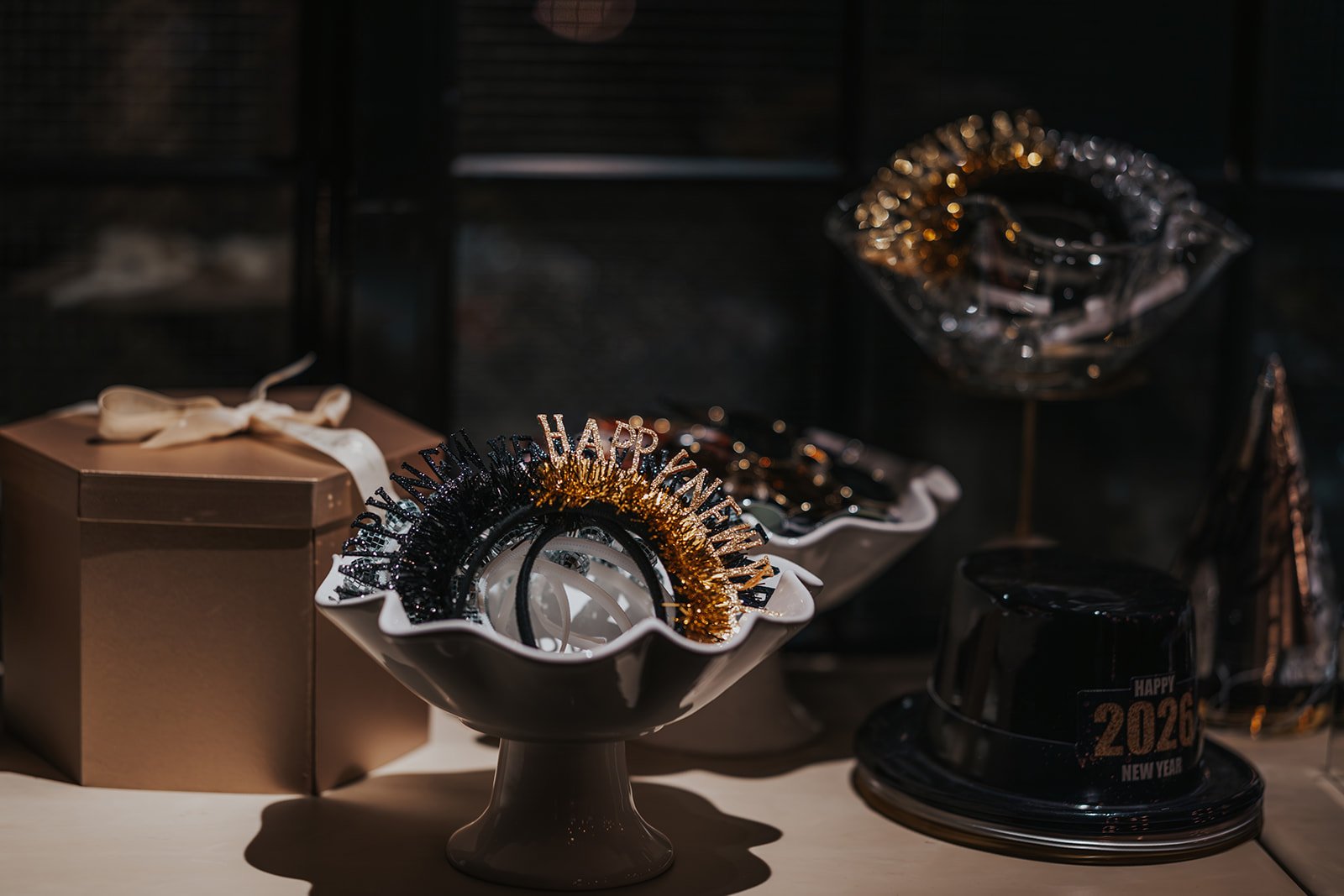 new year's eve props on welcome table at wedding in Chicago