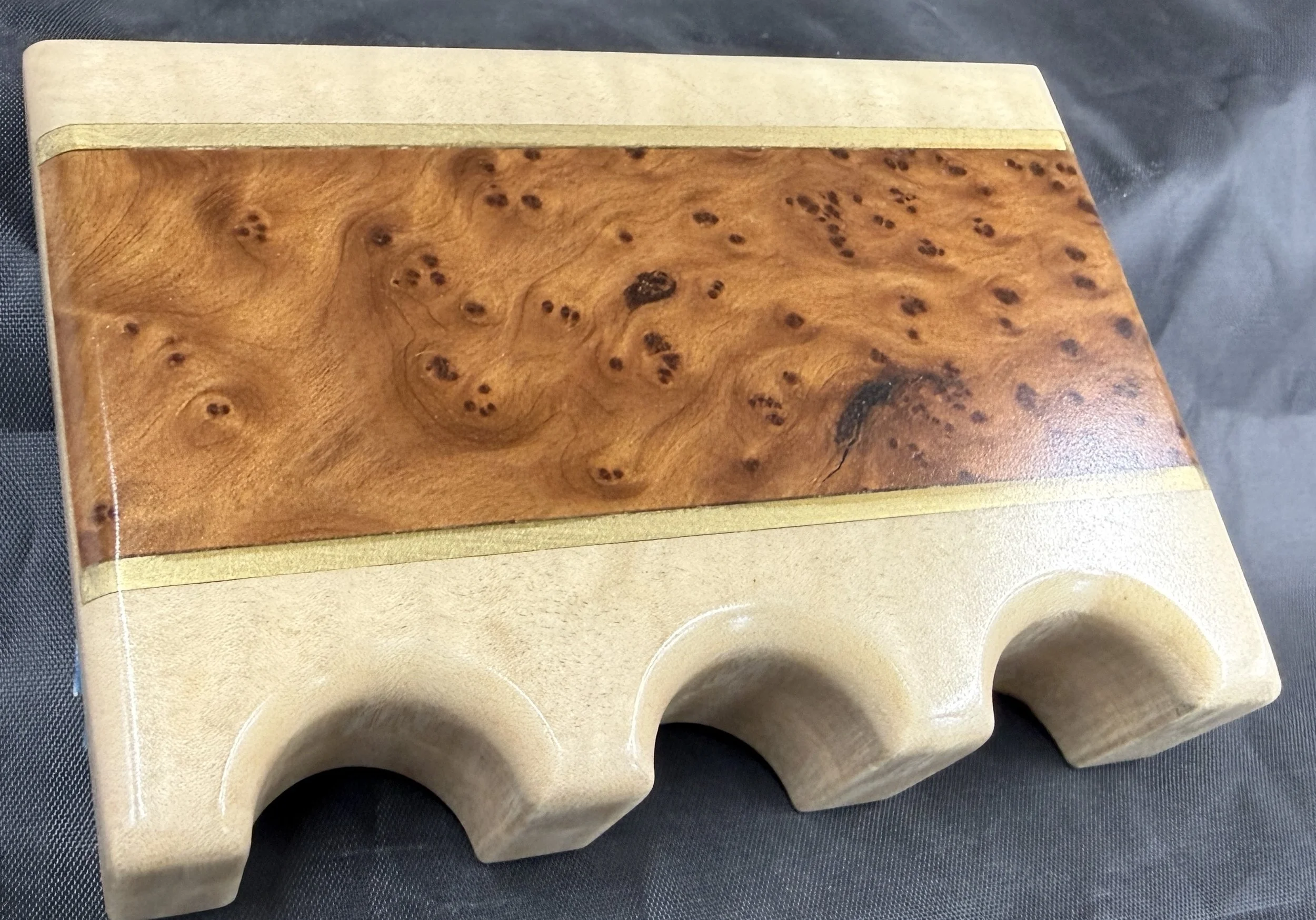 Curly Maple w/ Thuya Burl and Brass inlays - $80