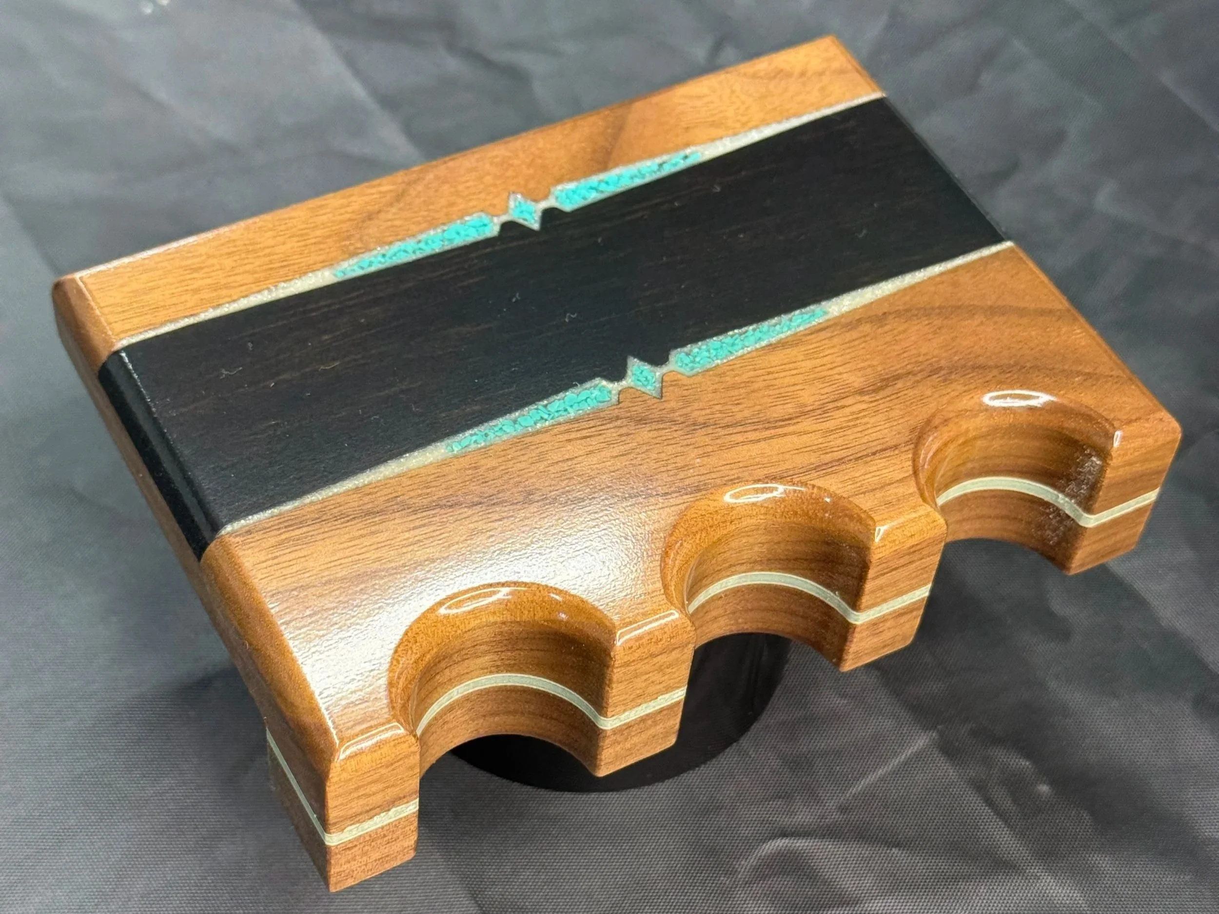 Walnut w/ Gaboon Ebony & Genuine Turquoise in decorative white inlays and light Blue Veneers $110