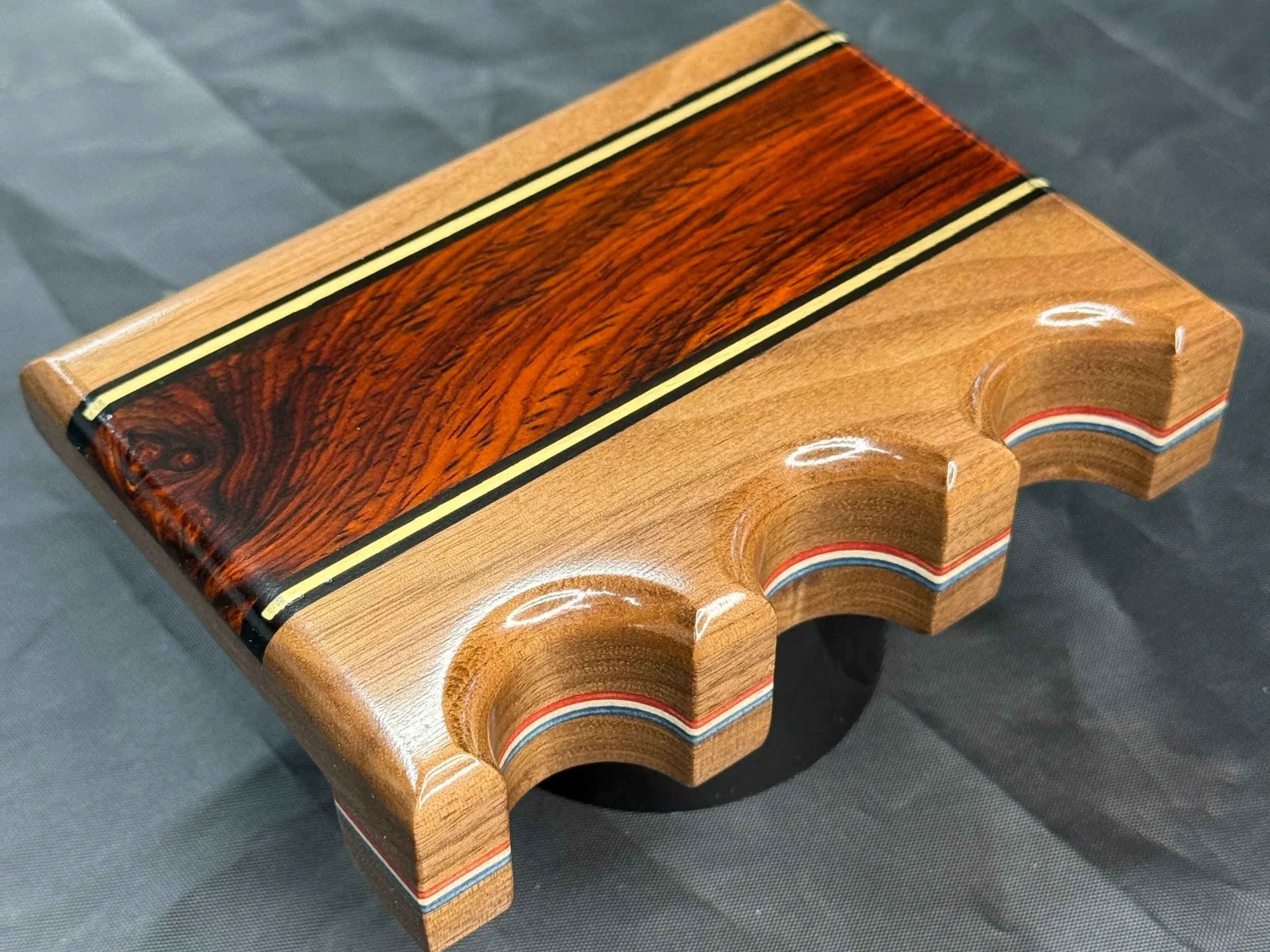 Walnut w/ Figured Cocobolo, Ebony & Brass inlays / thick Red, White & Blue veneers - $120
