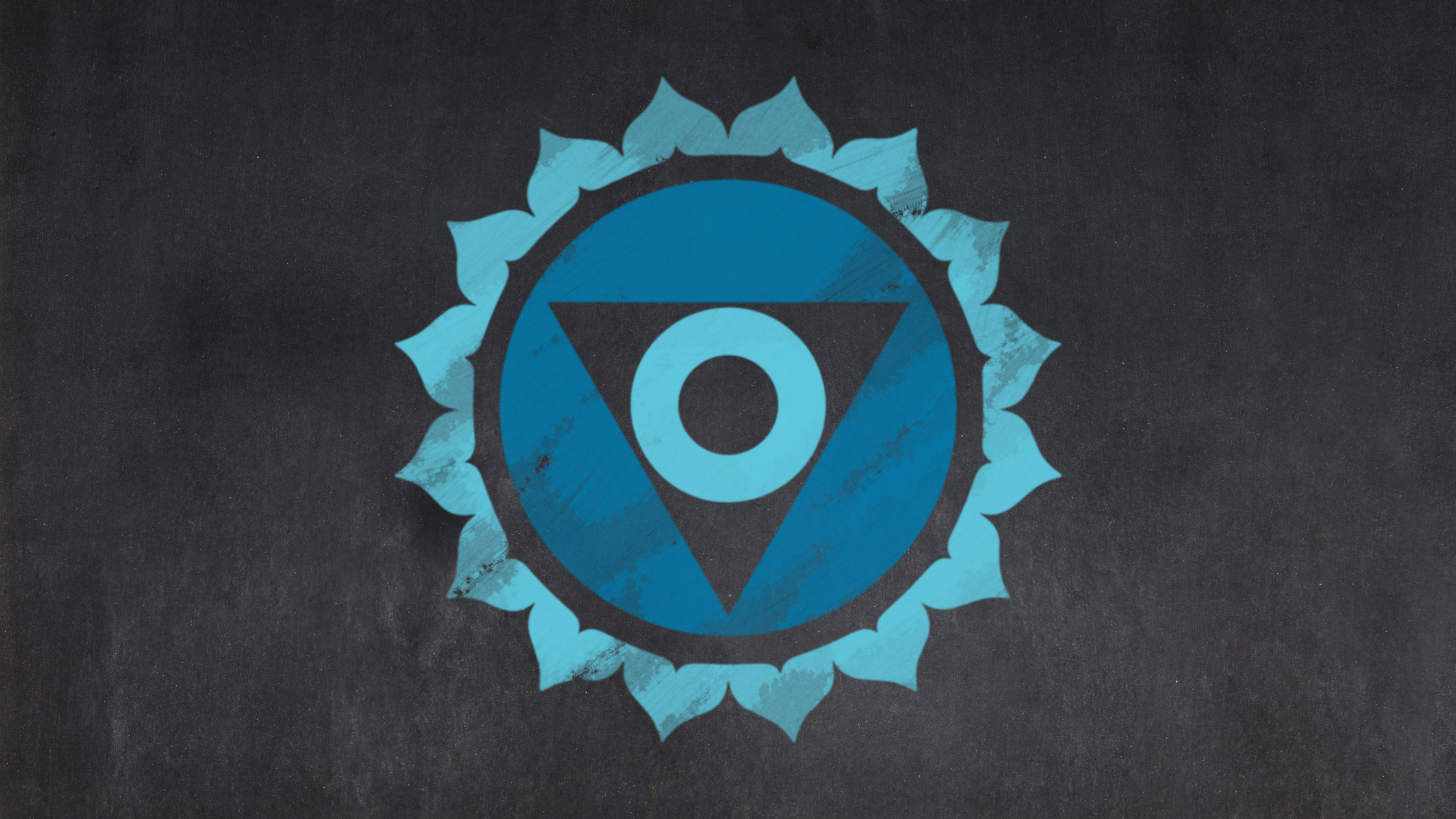 A stylized illustration of the Throat Chakra symbol on a light gray background, featuring a light blue sixteen-petaled lotus flower. Inside the lotus is a large, dark blue inverted triangle containing a white circle with a blue dot in the center.